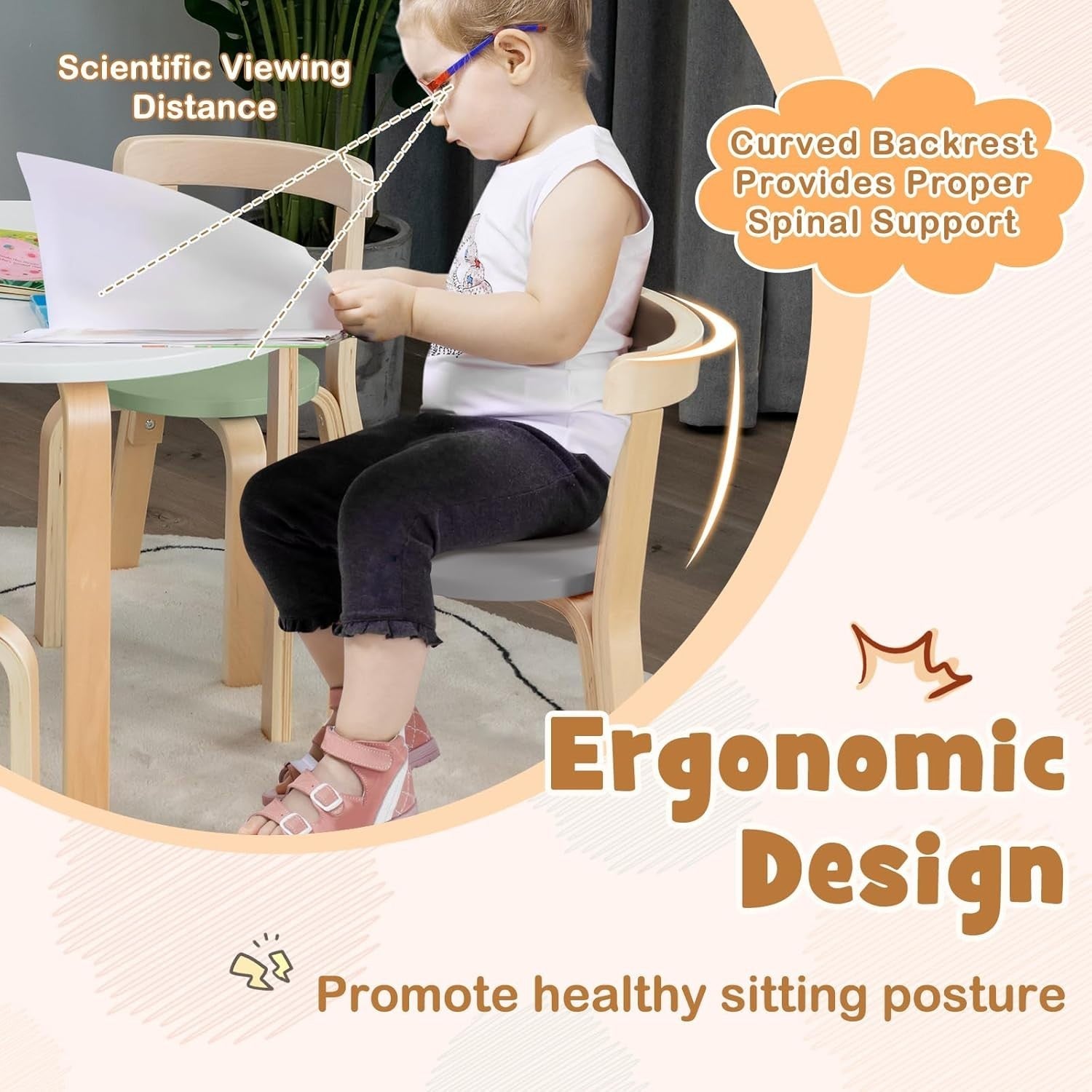 Kids Wooden Round Table & 4 Chairs Set Multicolor Ergonomic Playroom Desk