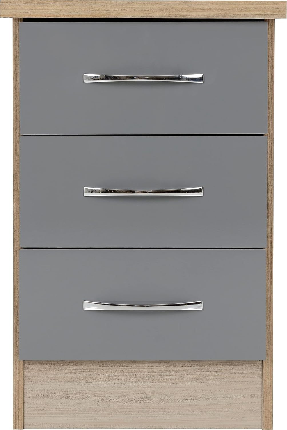 3 Drawer Grey Gloss Bedside Table – Modern Light Oak Nightstand