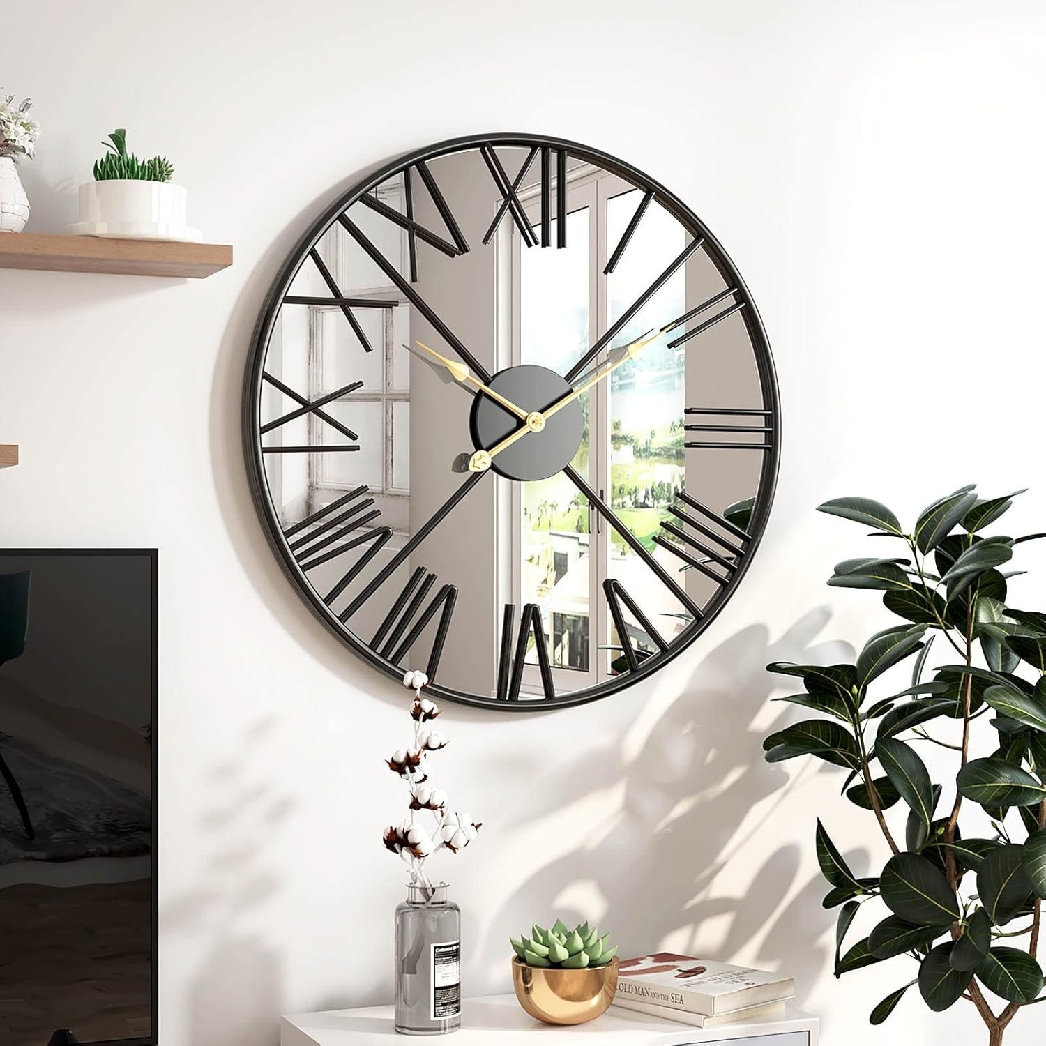 Large 27.5" Modern Roman Numeral Wall Clock | Silent Non-Ticking Mirror Decor