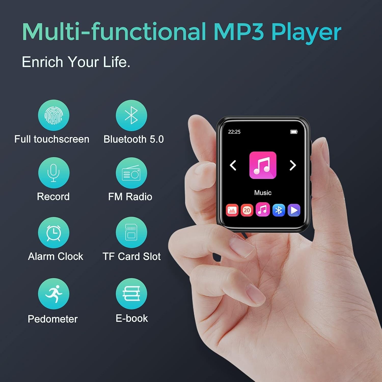 64GB MP3 Player Bluetooth 5.0 Touch Screen FM Radio Speaker