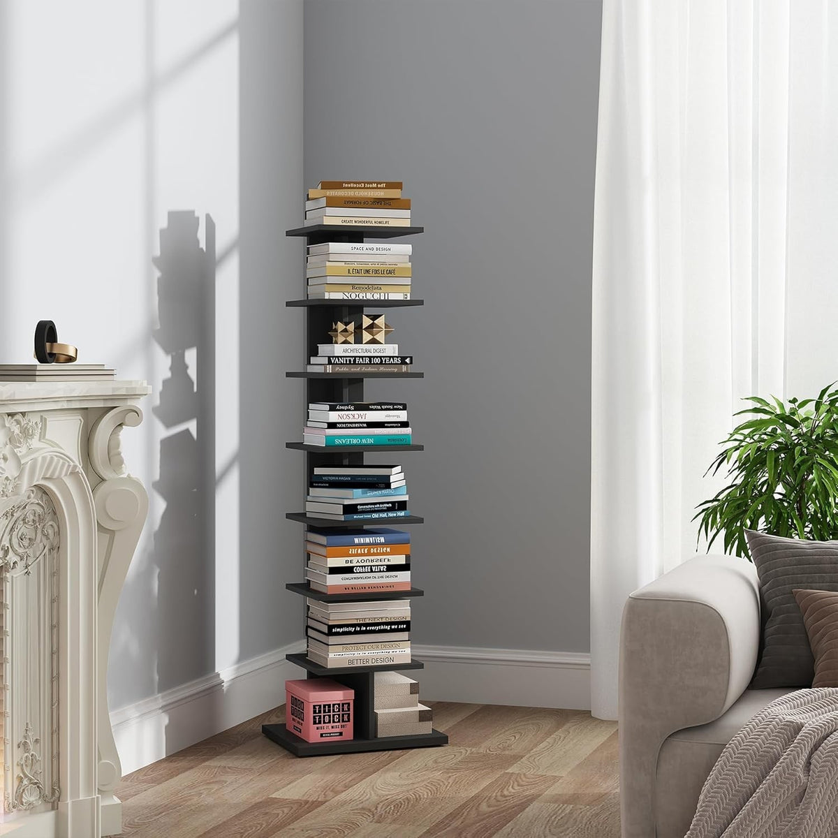 8 Tier Vertical Spine Bookshelf Narrow Standing Bookcase Black