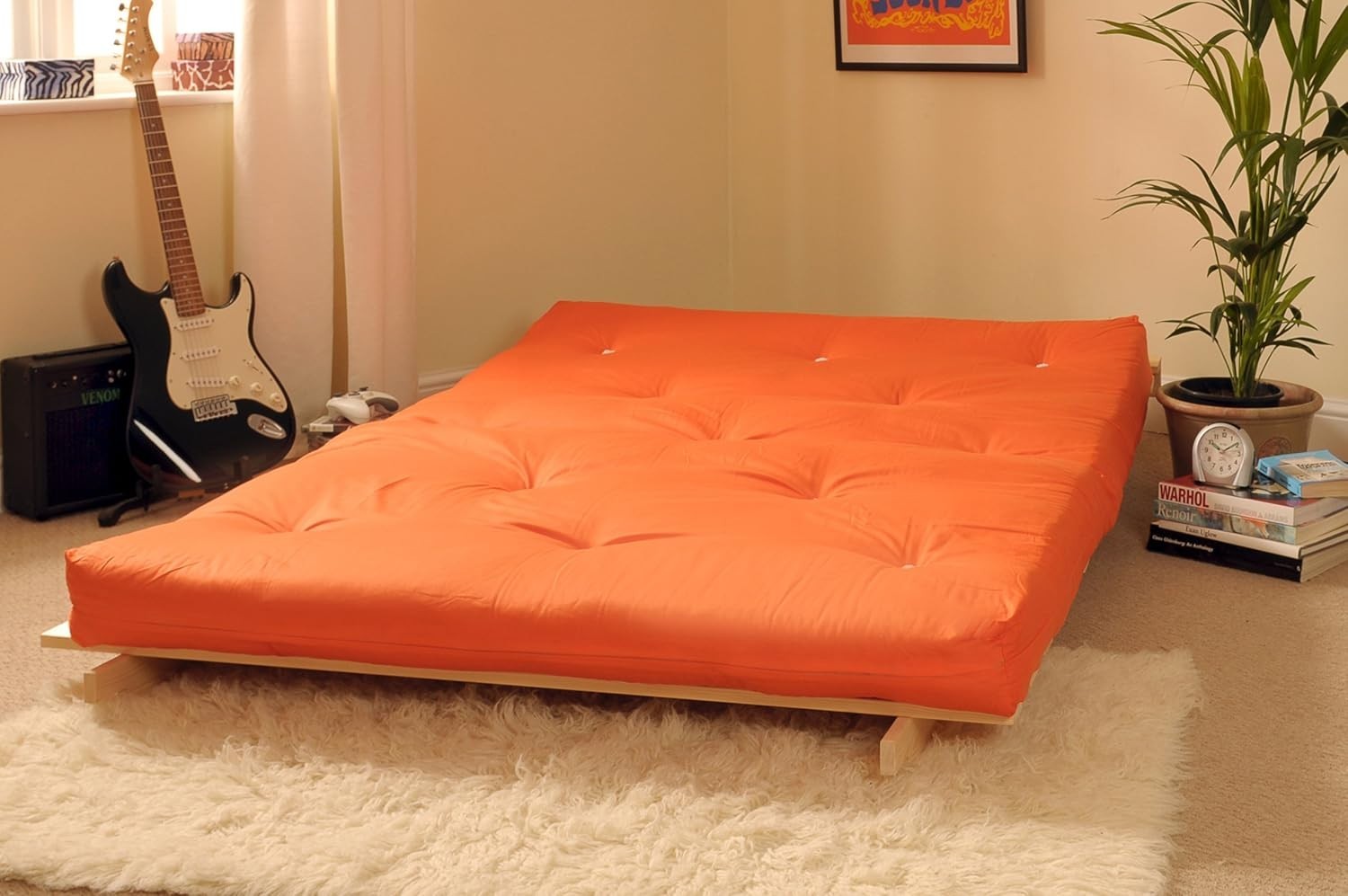 Orange Small Double Futon Bed Sofa – Wooden Frame, Quick Fold Design