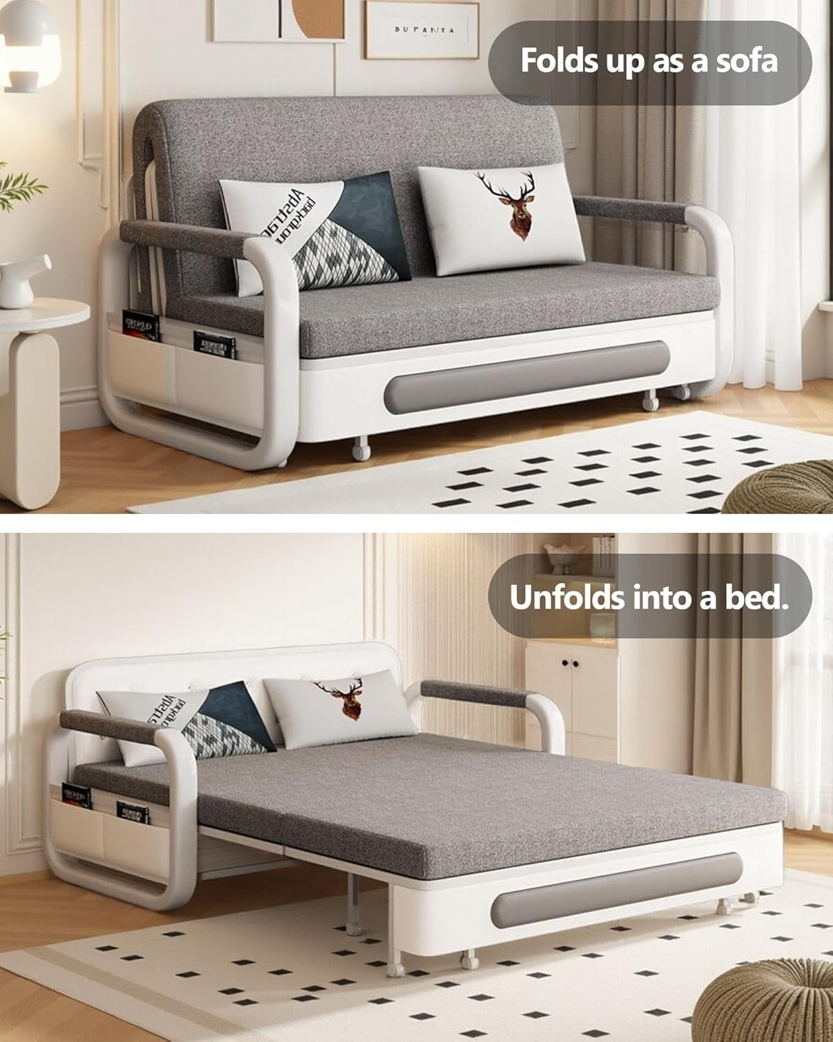 2 Seater Sofa Bed Grey Pull Out Double w/Storage Compact for Small Rooms