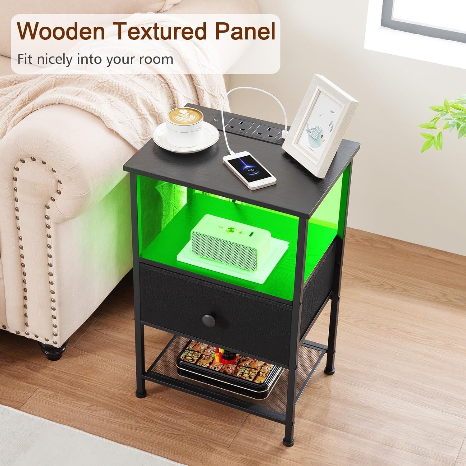 Set of 2 LED Bedside Tables with Charging Station, Fabric Drawer & Storage Shelf