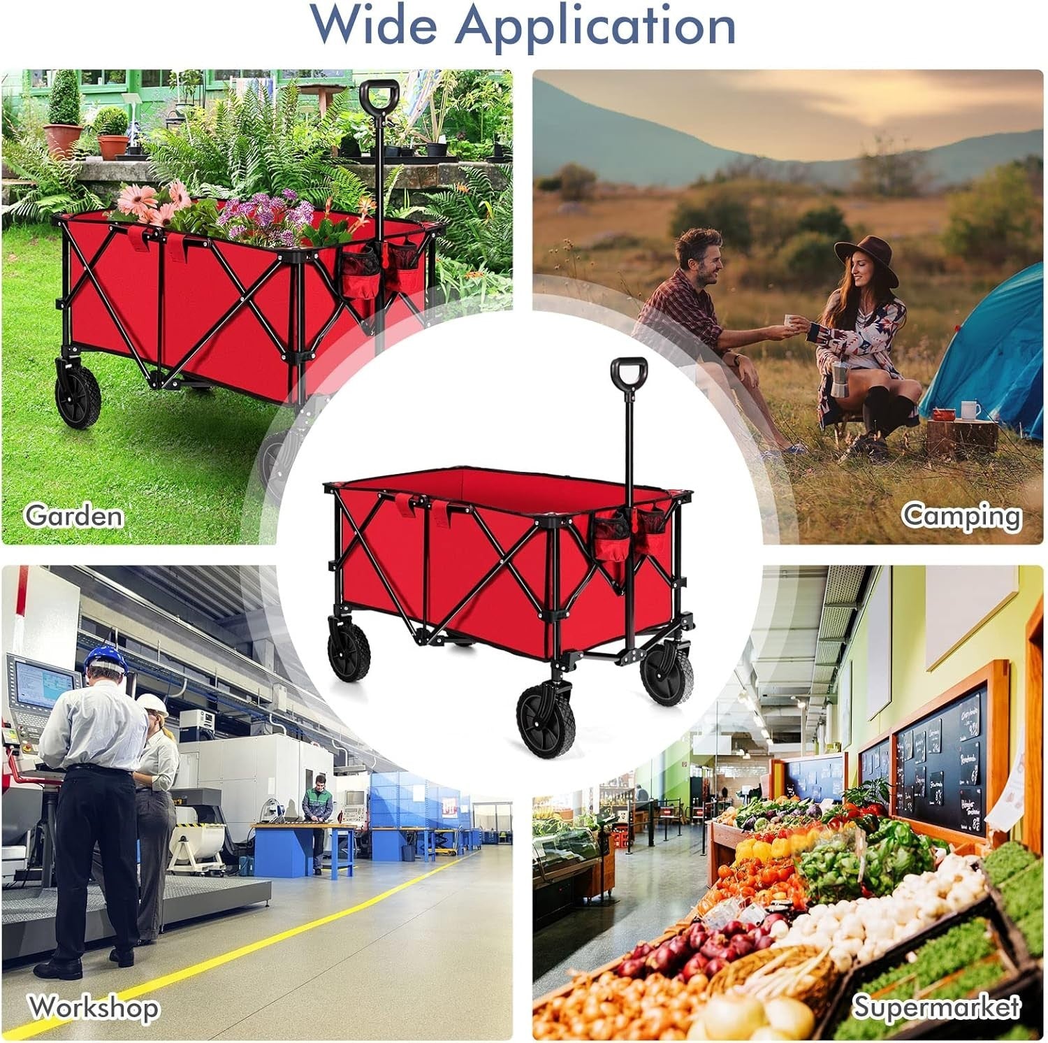 Red Folding Camping Wagon Heavy Duty Collapsible Beach Garden Cart w/ Handle