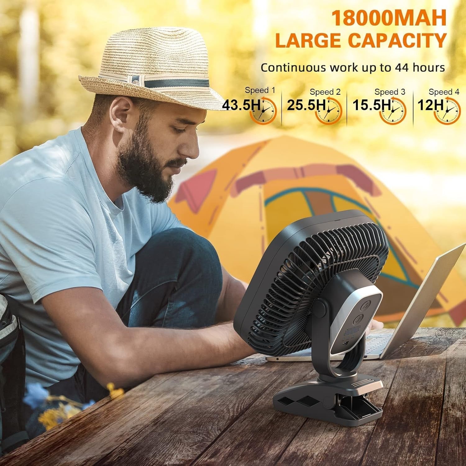 8" Rechargeable Clip-On Fan – 20000mAh Quiet Desk Fan w/ LED Light for Camping