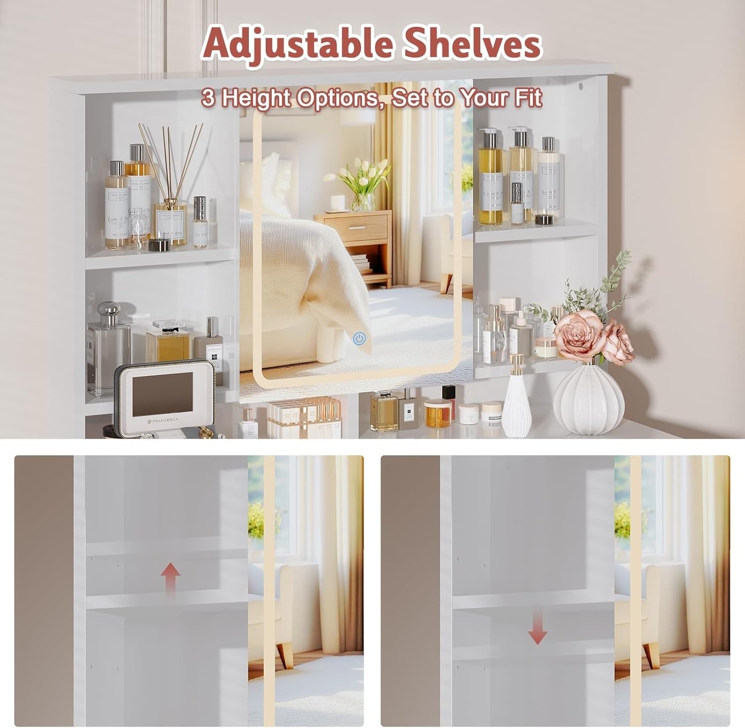 White Vanity Dressing Table with LED Mirror 3-Colour Lights Storage Drawers