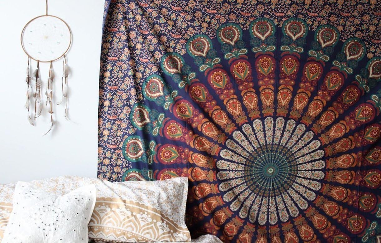 Blue Orange Mandala Tapestry 52x60in Boho Wall Hanging Cotton
