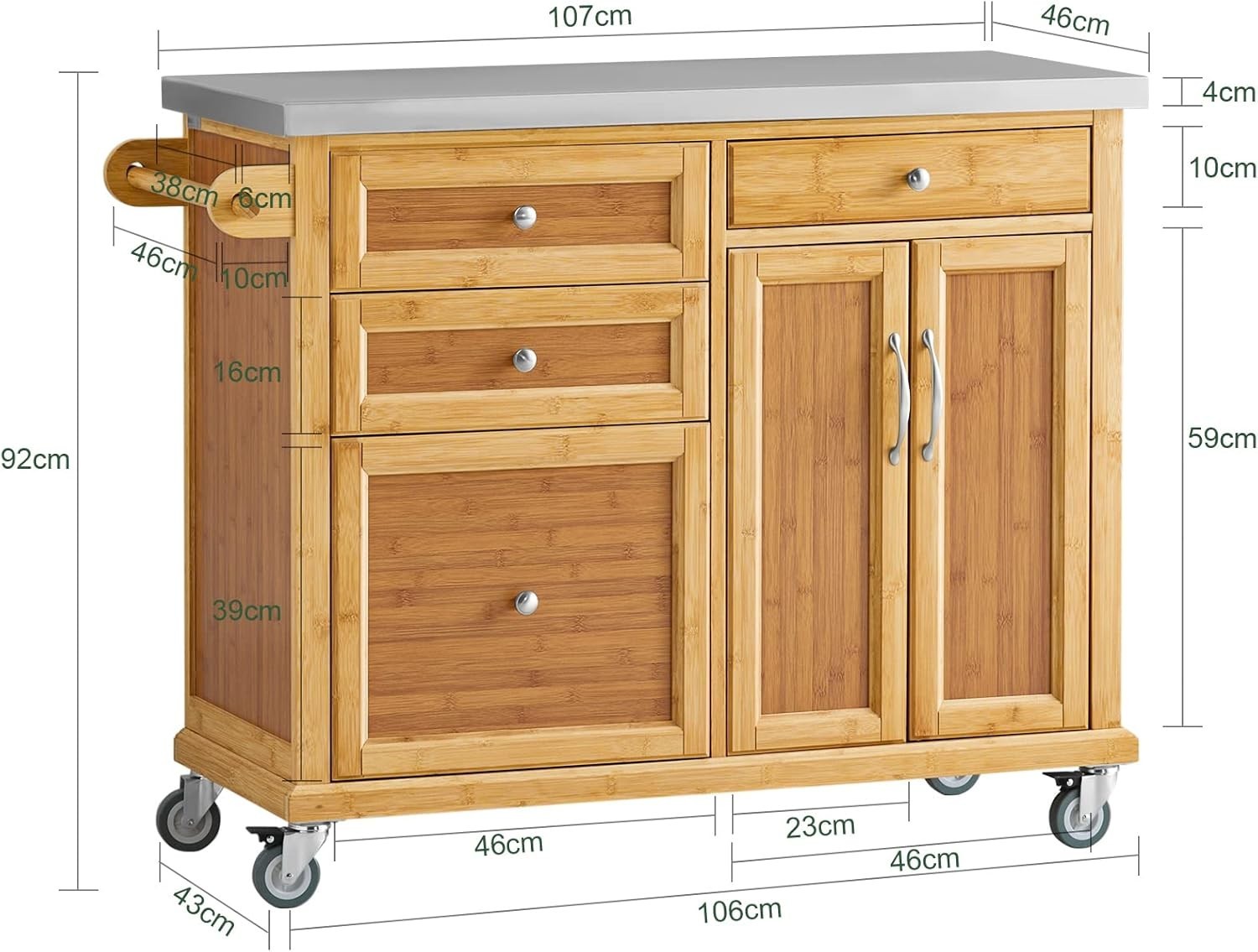 Kitchen Island Trolley w Stainless Steel Top 4 Drawers
