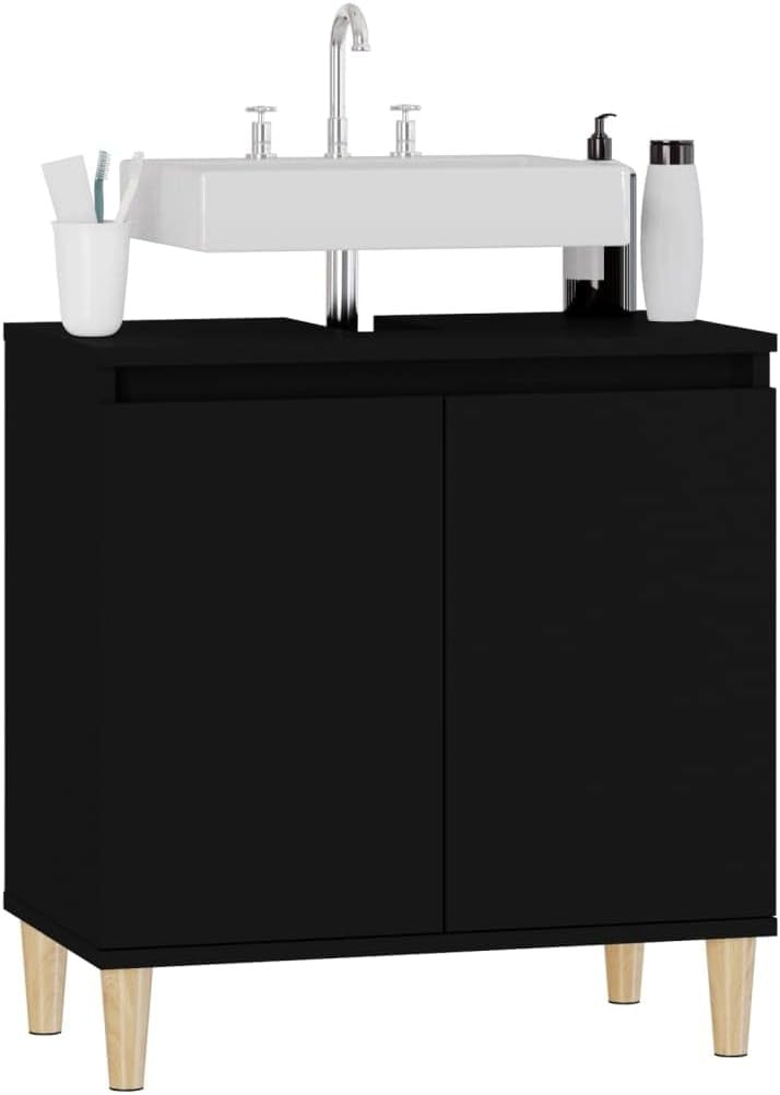 Black Under Sink Bathroom Cabinet with Wooden Legs – Modern Vanity Storage Unit
