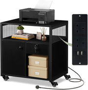 Black Mobile File Cabinet w/ Charging Station Lockable Drawer Printer Stand