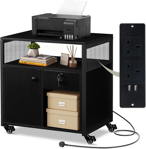 Black Mobile File Cabinet w/ Charging Station Lockable Drawer Printer Stand