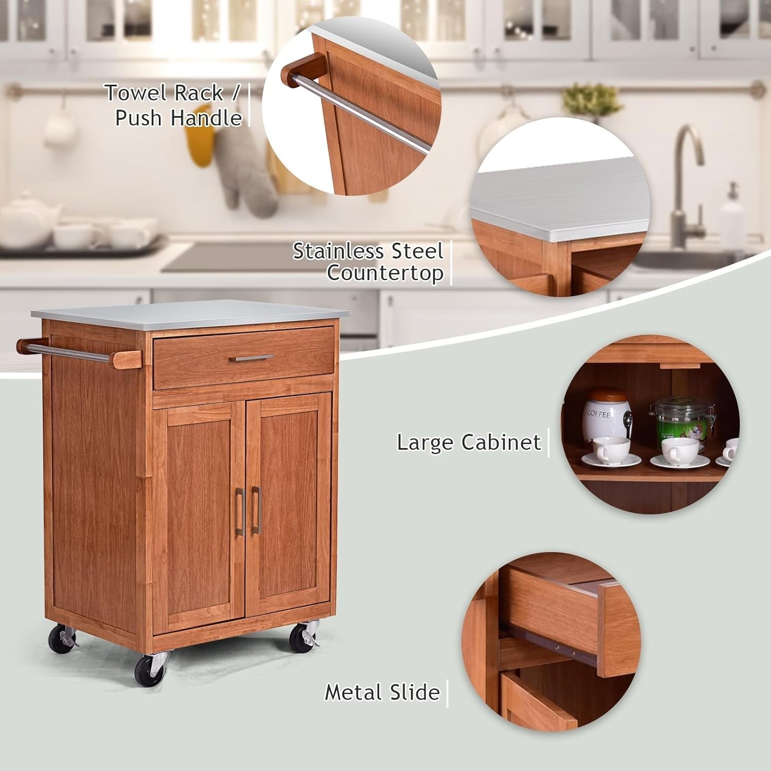 Stainless Steel Kitchen Island Cart 72cm Wheels