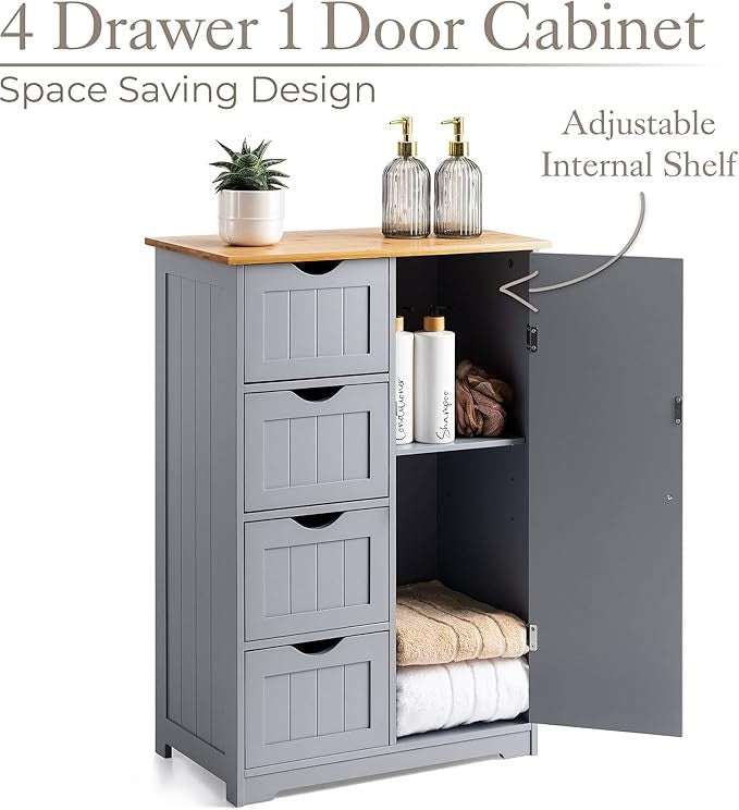 Wooden Grey Bathroom Cabinet with 4 Drawers & Shelf – Bamboo Top Storage