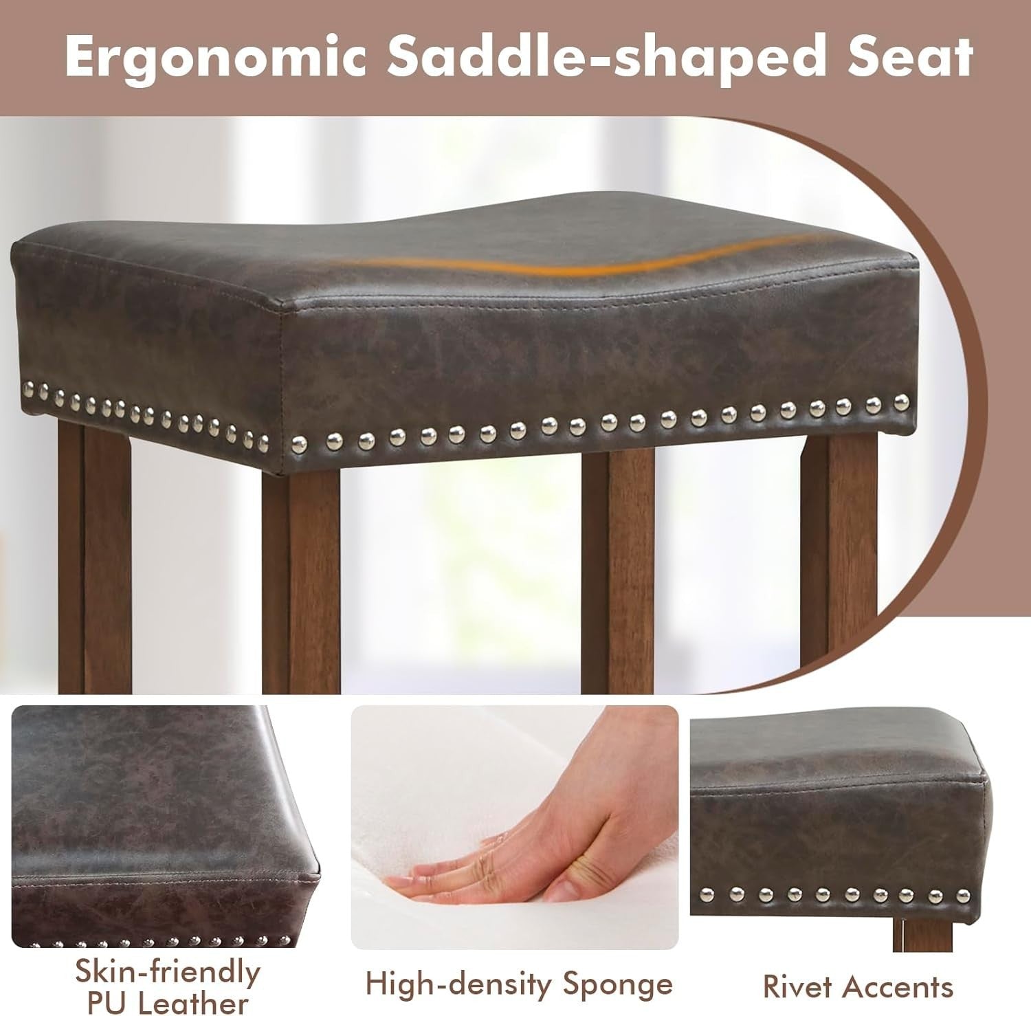 Gray & Brown Saddle Bar Stools Set of 2 – Solid Wood Chairs
