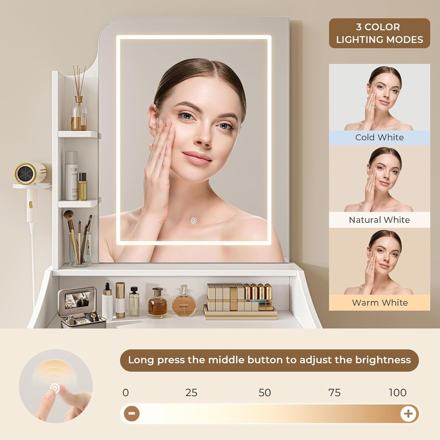 White Vanity Dressing Table LED Mirror 3 Color Lights 5 Drawers Storage & Stool