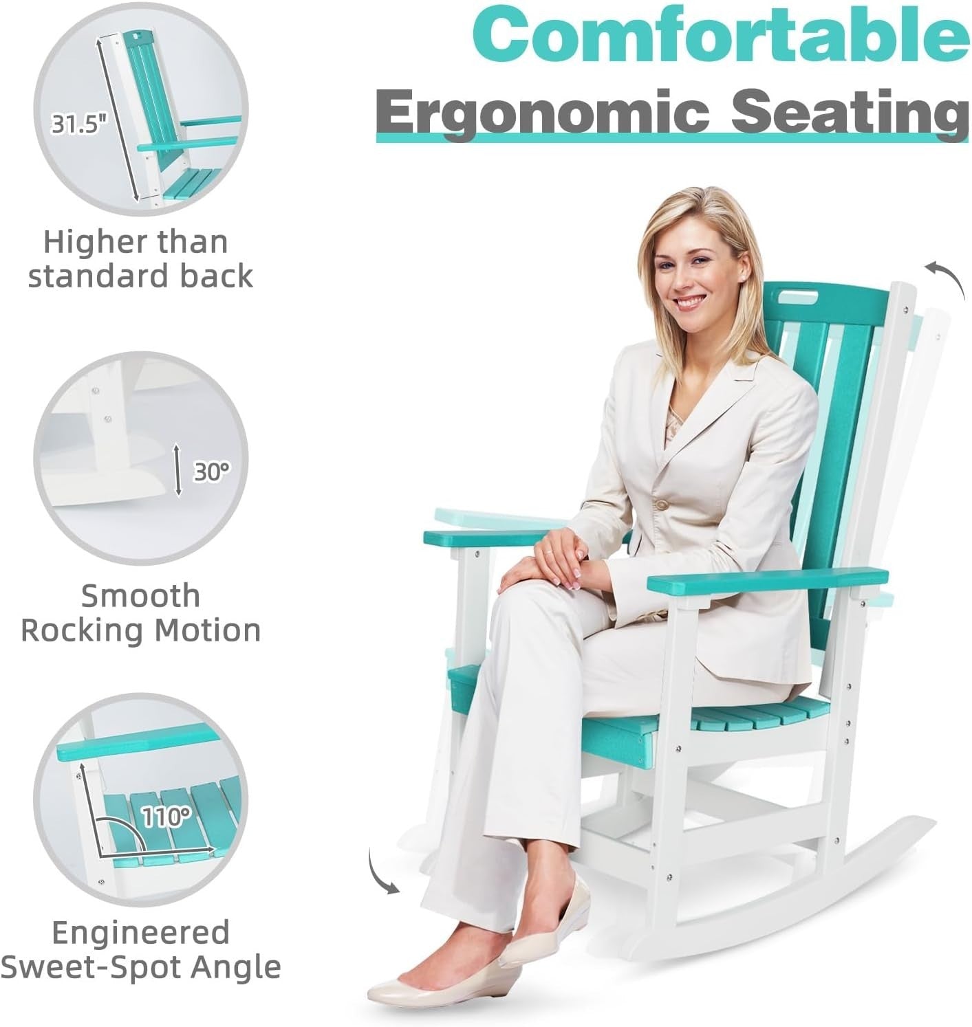 Weatherproof Outdoor Rocking Chair Ergonomic HDPE Patio Porch 87x70x122cm