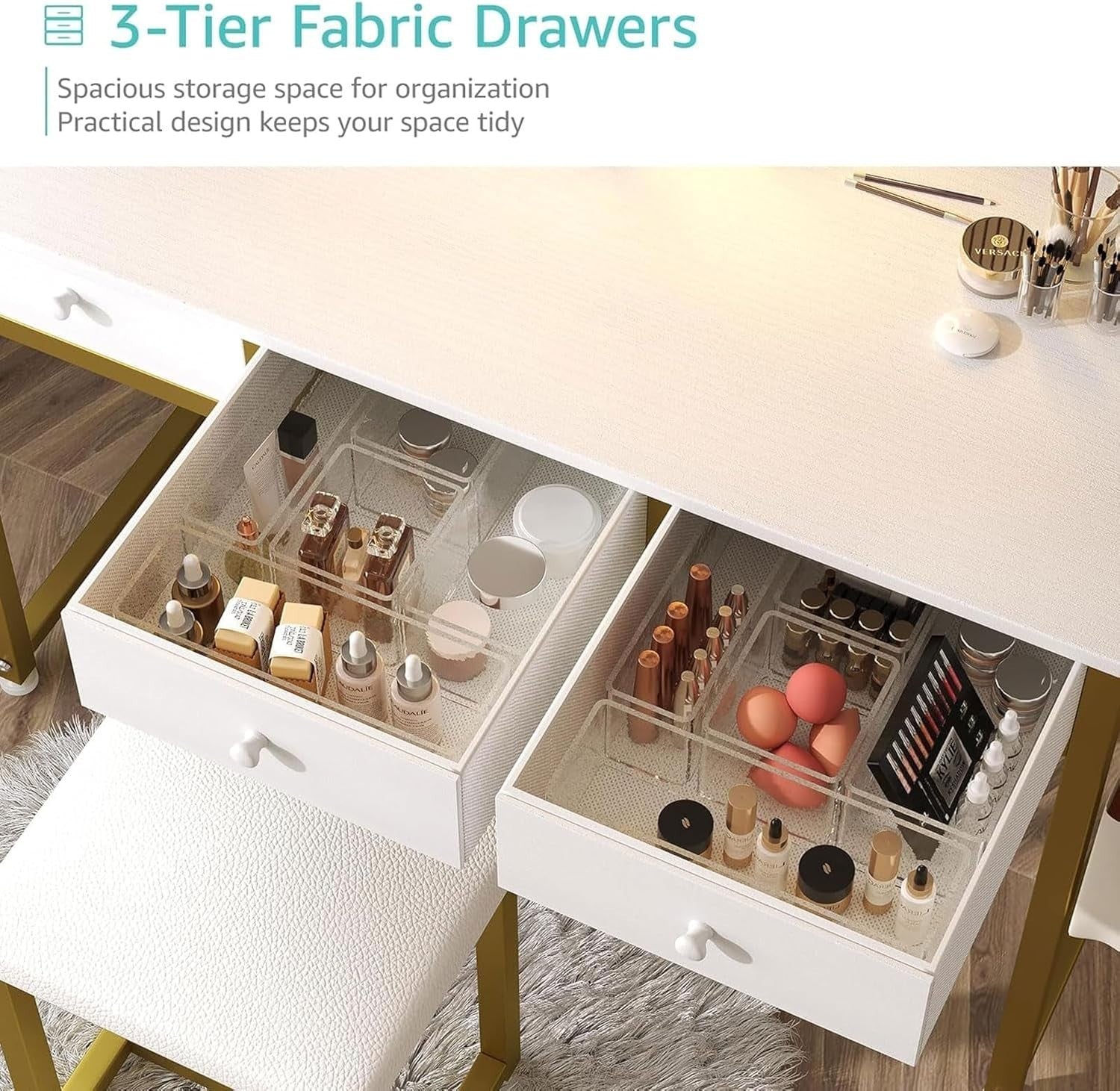 White Makeup Vanity Desk Set Compact Dressing Table 3 Drawers & Stool