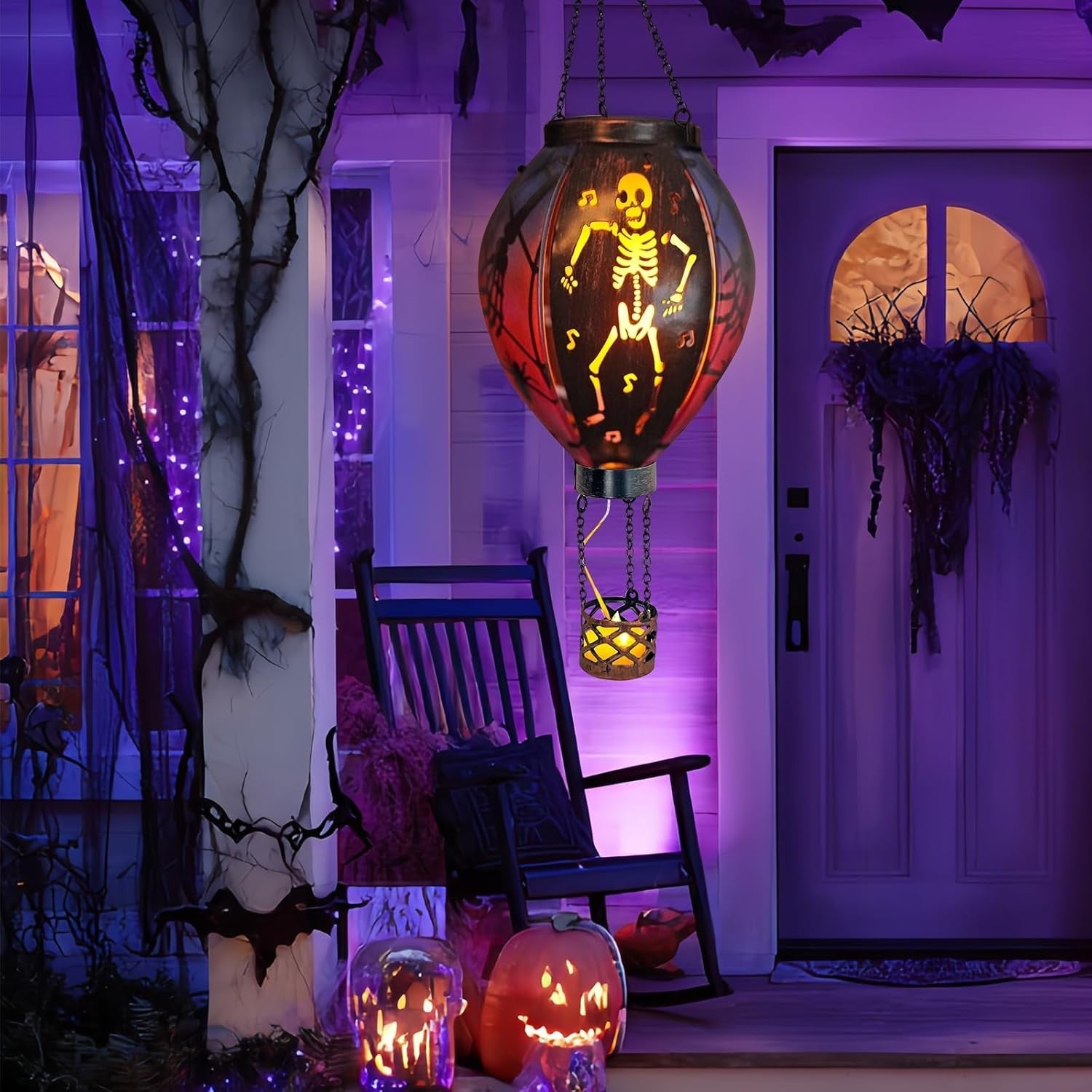 Halloween Hot Air Balloon Solar Lantern Skull LED Hanging Outdoor Garden Decor