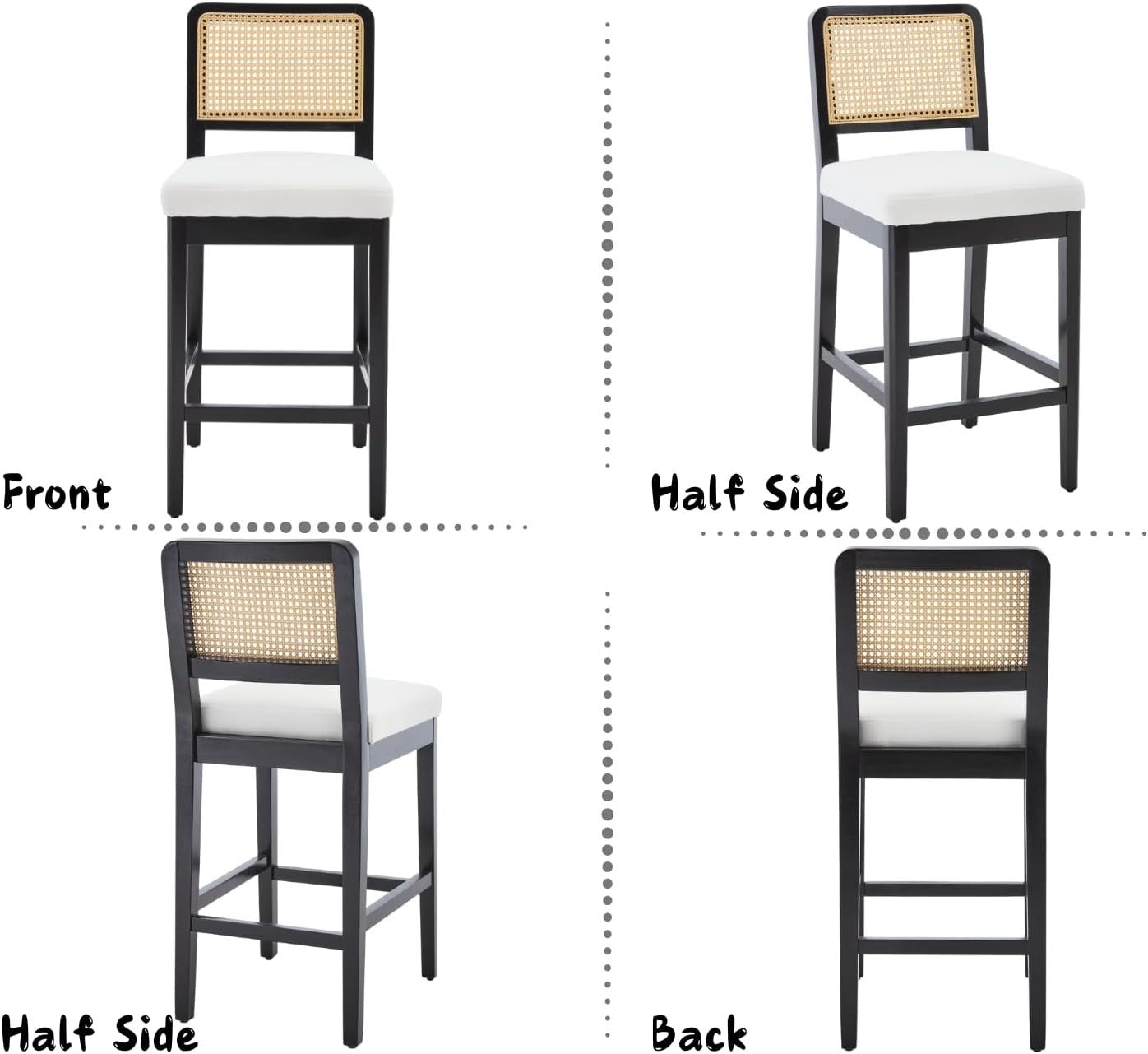 Black Linen Bar Stool Set of 2 with Rattan Back Wooden Legs