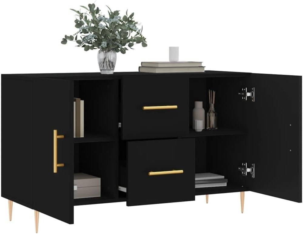 Black Sideboard Cabinet Storage Drawers Modern Metal Legs 100cm Wide
