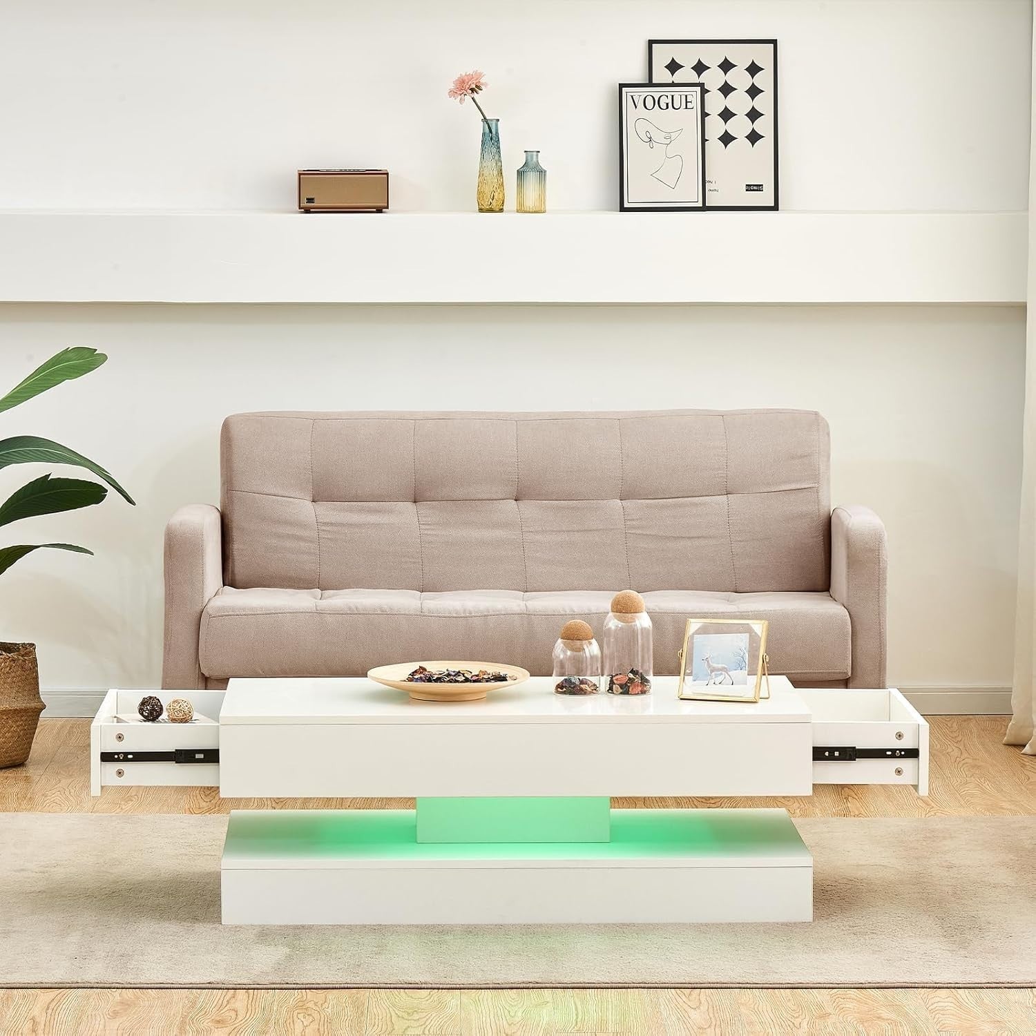 White LED Coffee Table High Gloss 2 Drawer Storage Modern Living Room