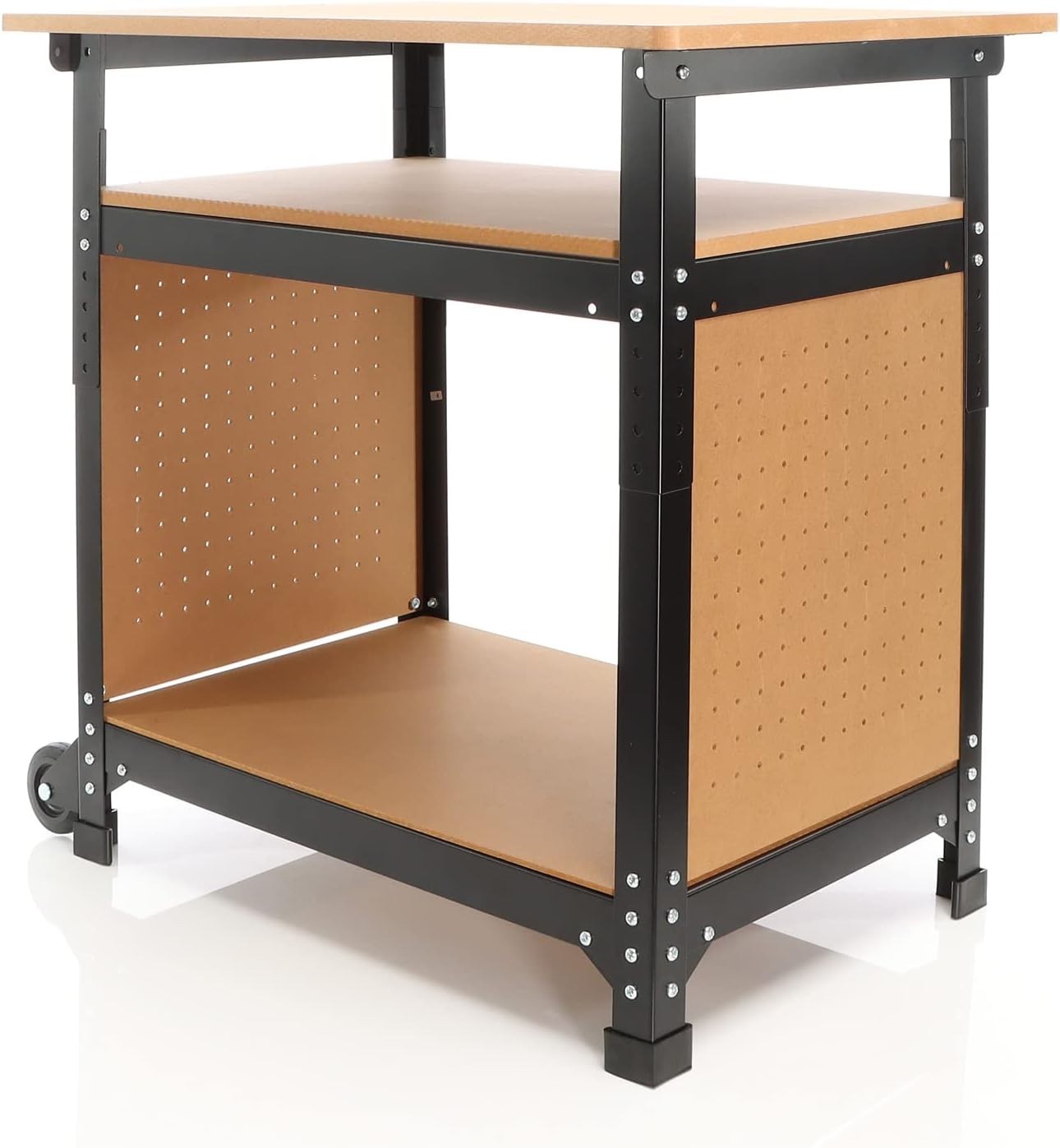 Mobile Adjustable Workbench 66–82cm Steel Table Wheels MDF Top Shelves Pegboard