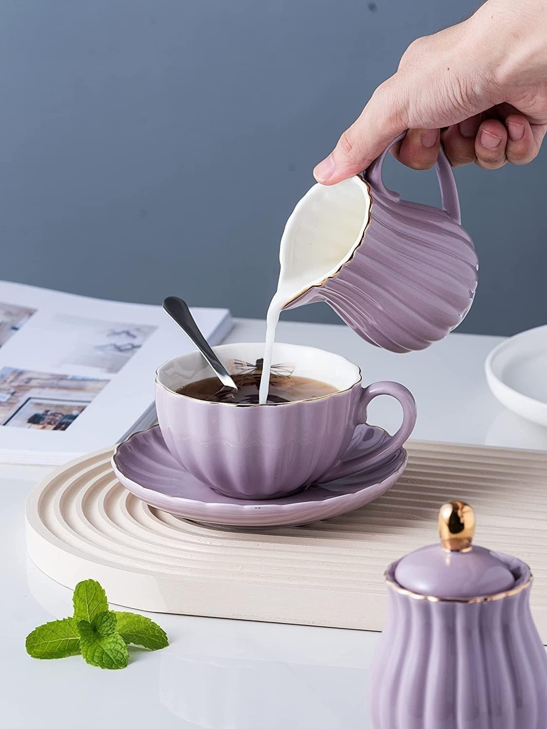 Euro Style Porcelain Tea Set Teapot Milk Jug Sugar Bowl Purple 920ml