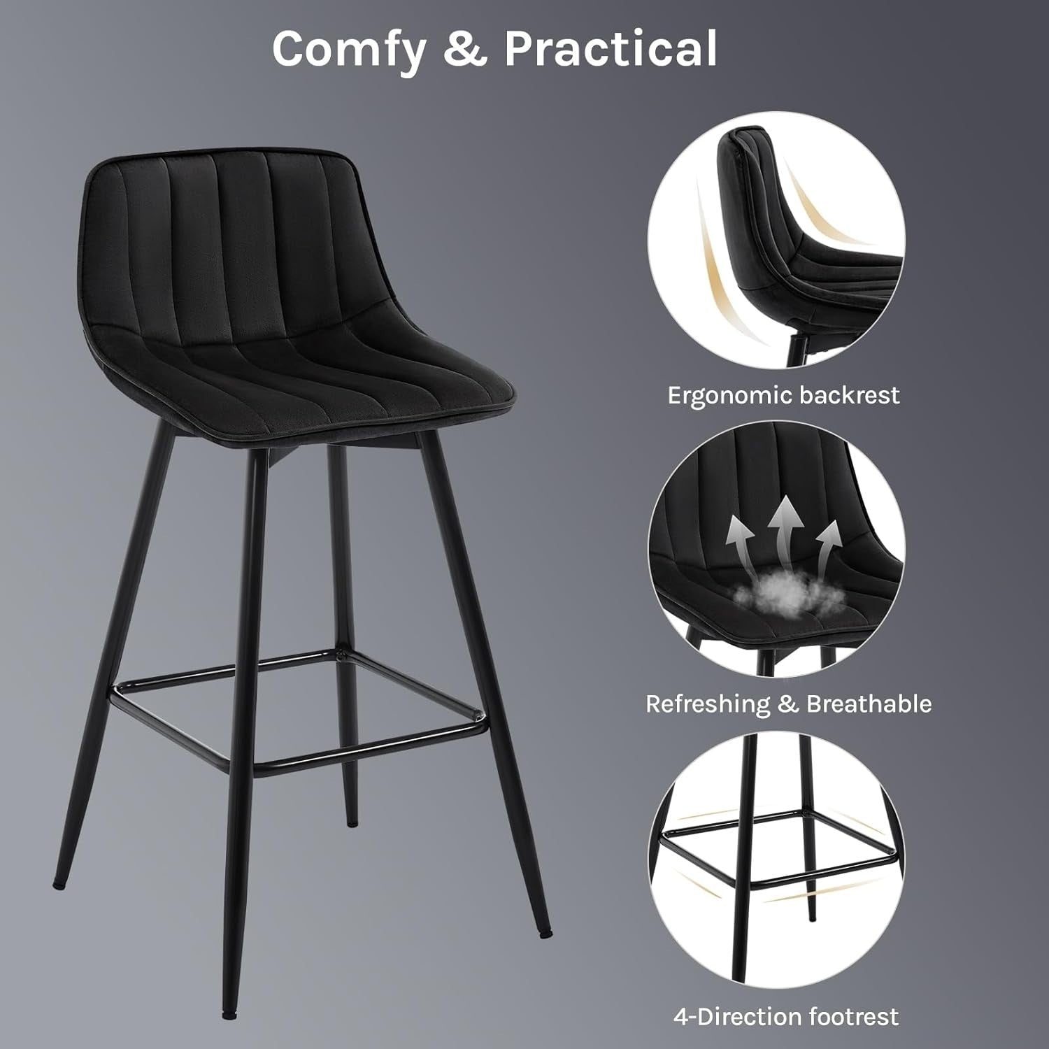 Retro Velvet Bar Stools Set of 2 Black Metal Kitchen Counter Chairs