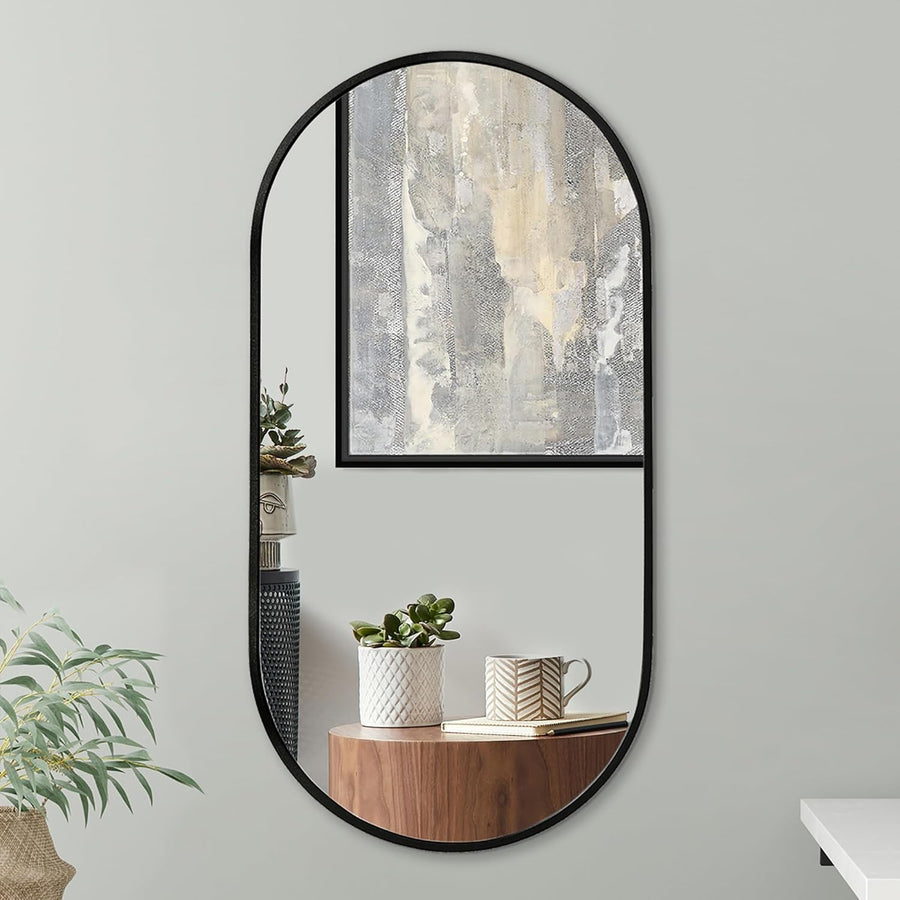 Large Black Oval Wall Mirror 50x100cm with Aluminium Frame for Bathroom
