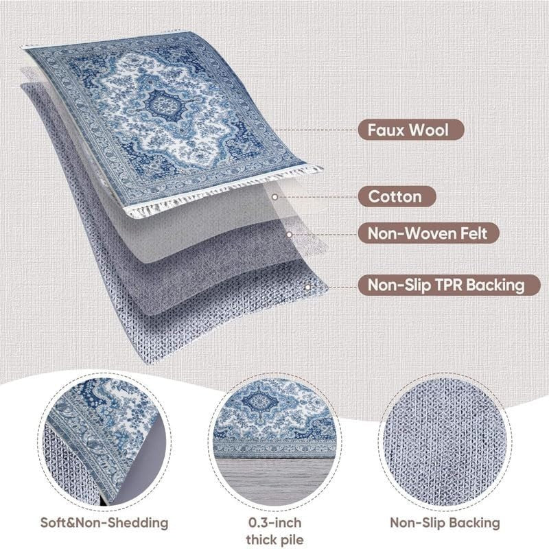 Large Blue Traditional Area Rug 200x290cm Washable Non Slip Living Room Carpet