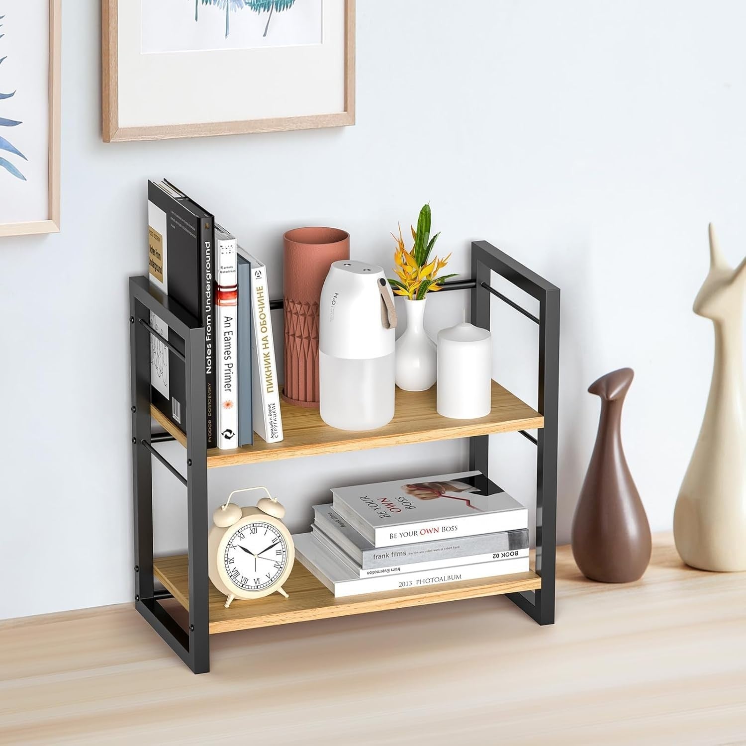 Wood Desk Shelf Organizer 2 Tier Desktop Storage Rack for Office Home Black