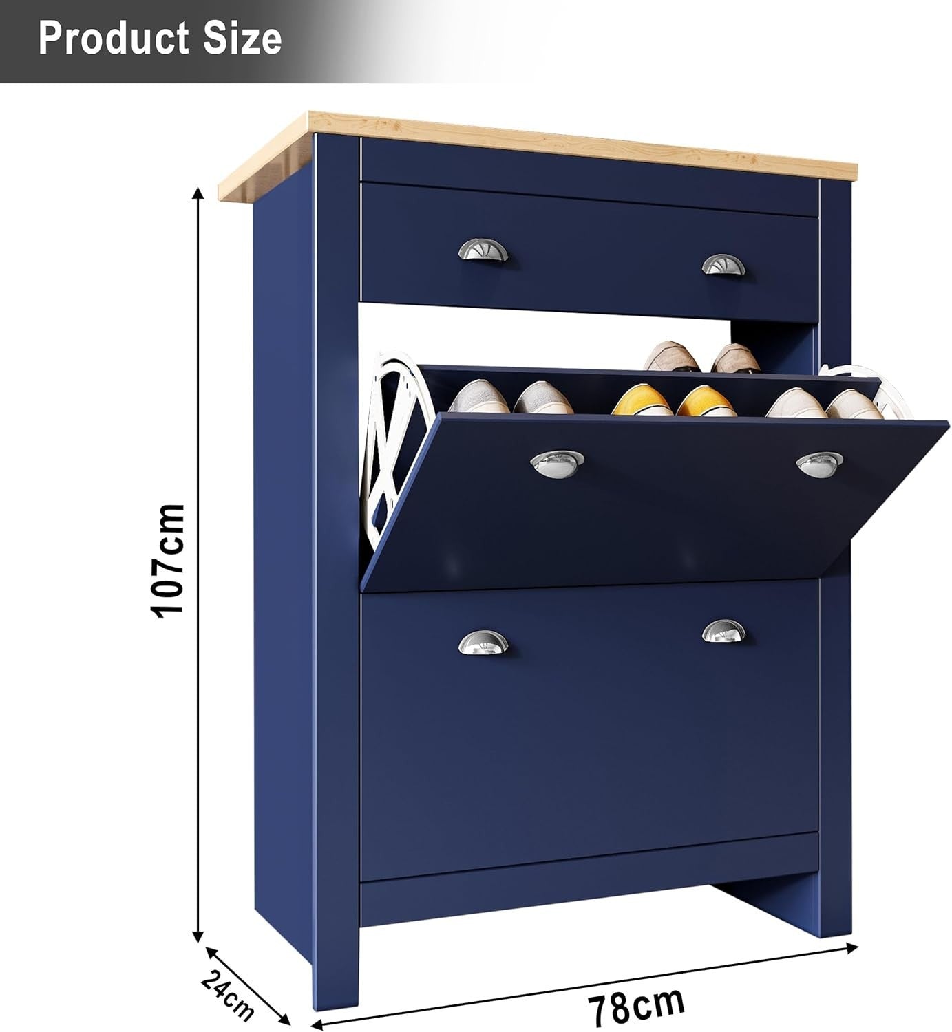 Slim Wooden Shoe Storage Cabinet with 2 Flip Drawers & Extra Drawer 78cm Blue