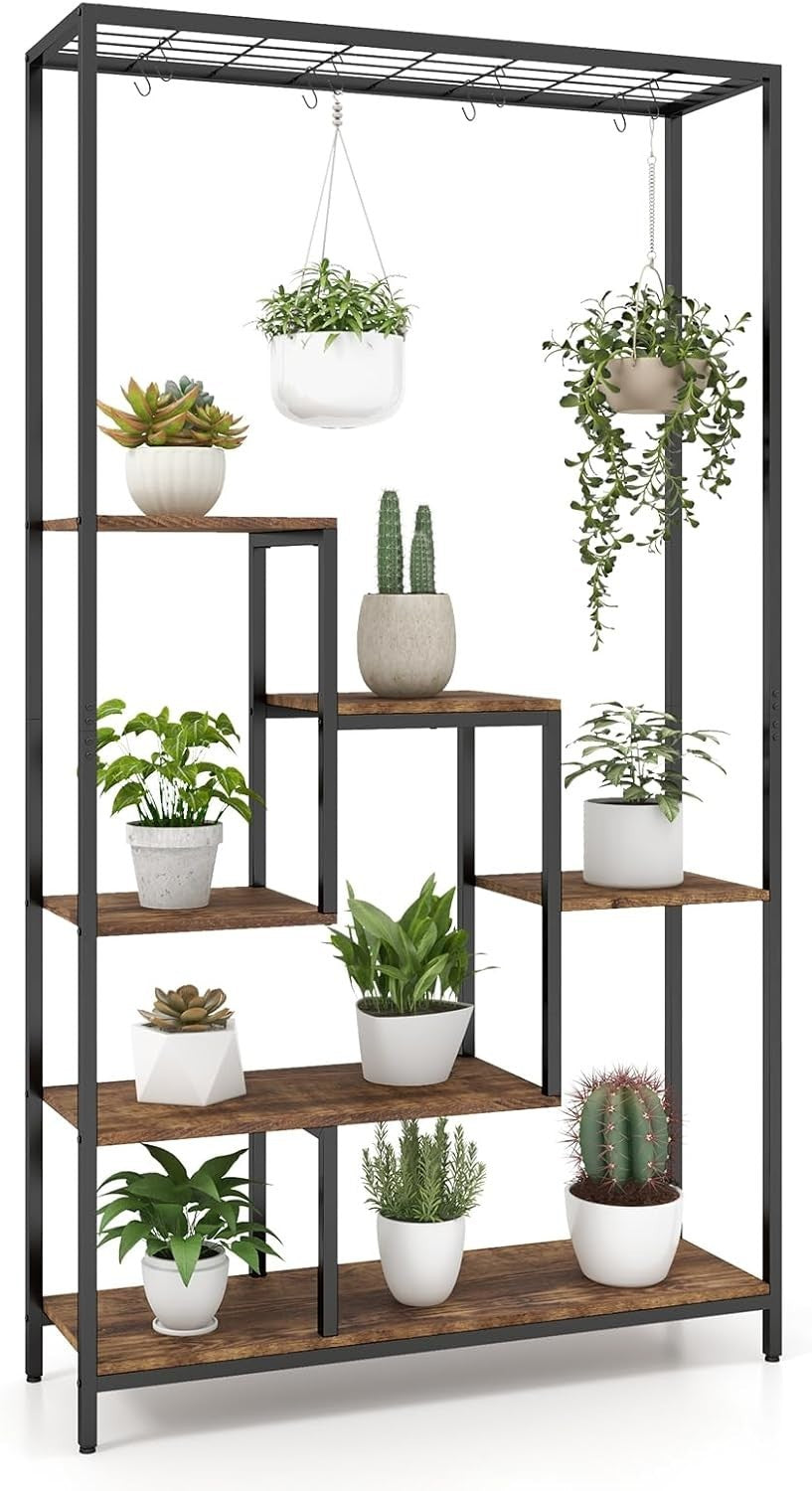 6-Tier Tall Metal Plant Stand with Hooks, Indoor Flower Shelf Display Rack 180cm