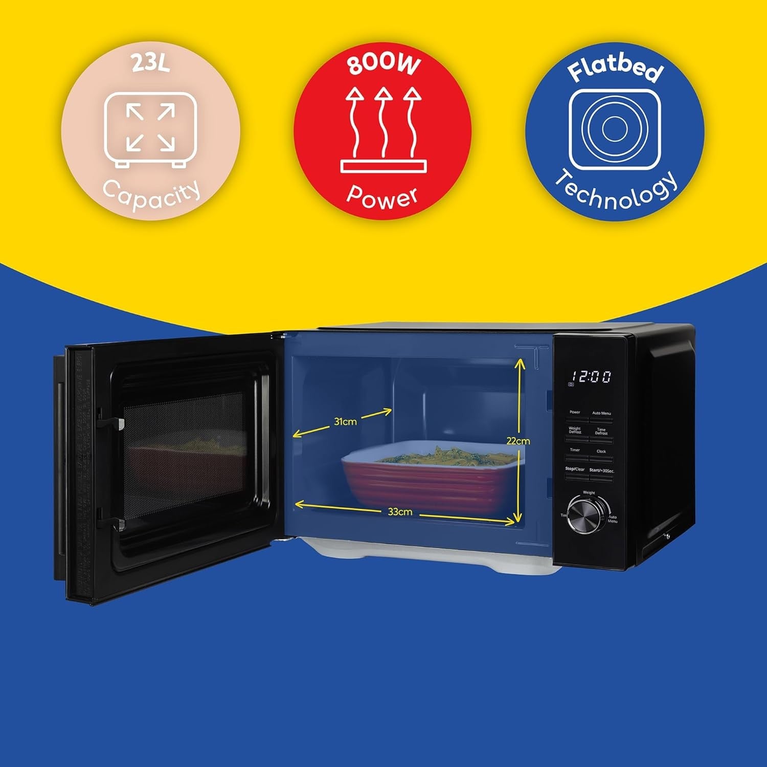 23L Flatbed Digital Microwave 800W 8 Auto Cook Child Lock Black