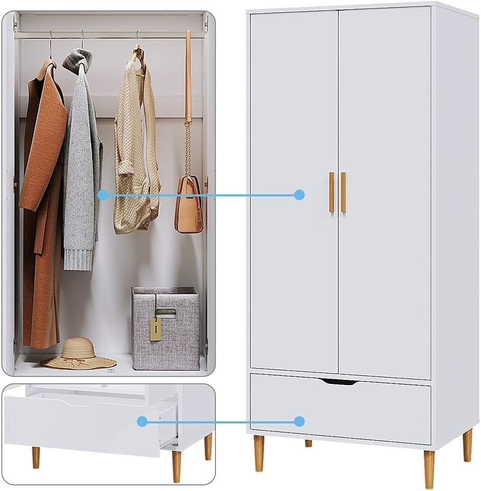 White 2 Door Wardrobe with Drawer & Rail – Modern Tall Clothes Storage