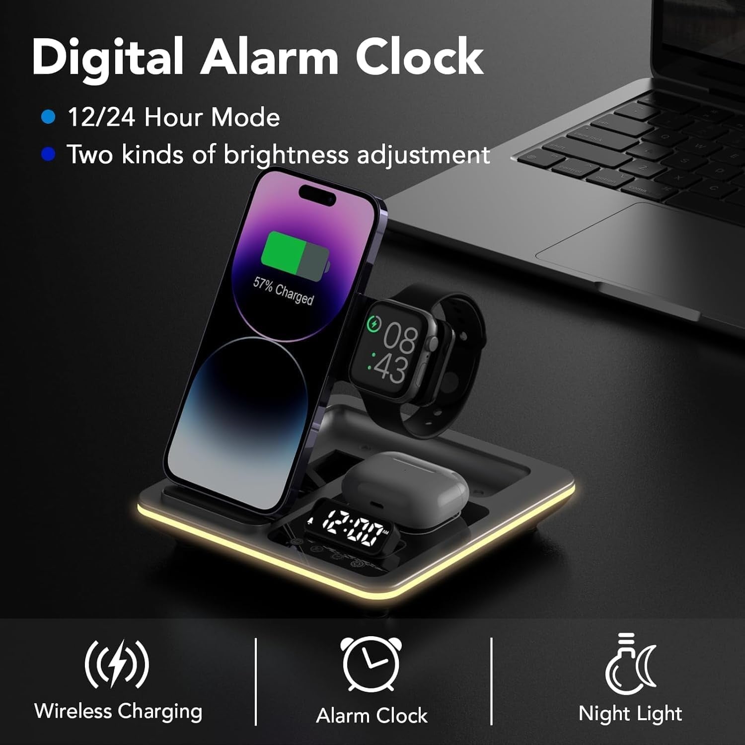 5 in 1 Foldable Wireless Charging Station Night Light Alarm Clock Stand