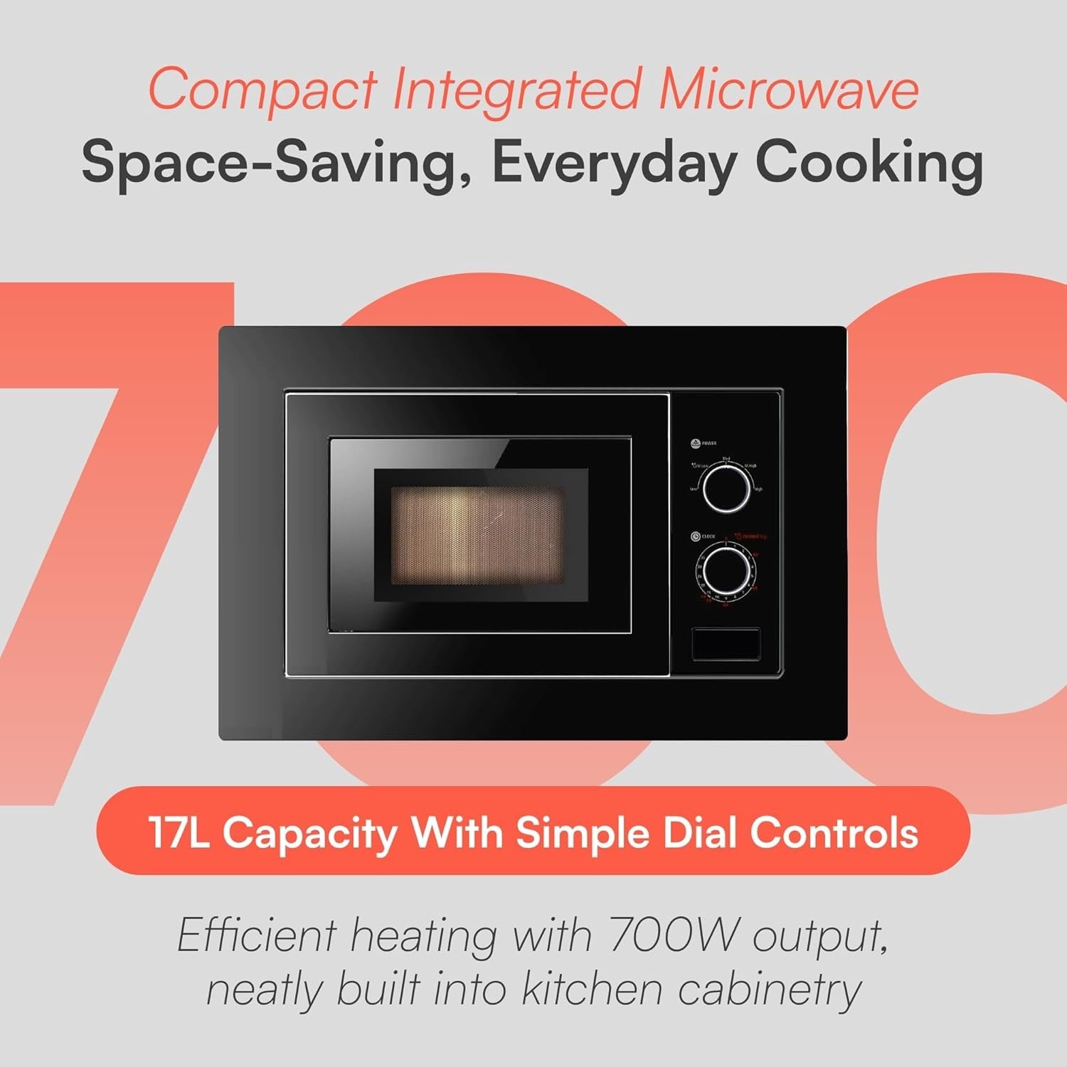 Black 17L Built-in Digital Microwave 5 Power Levels 24.5cm Turntable