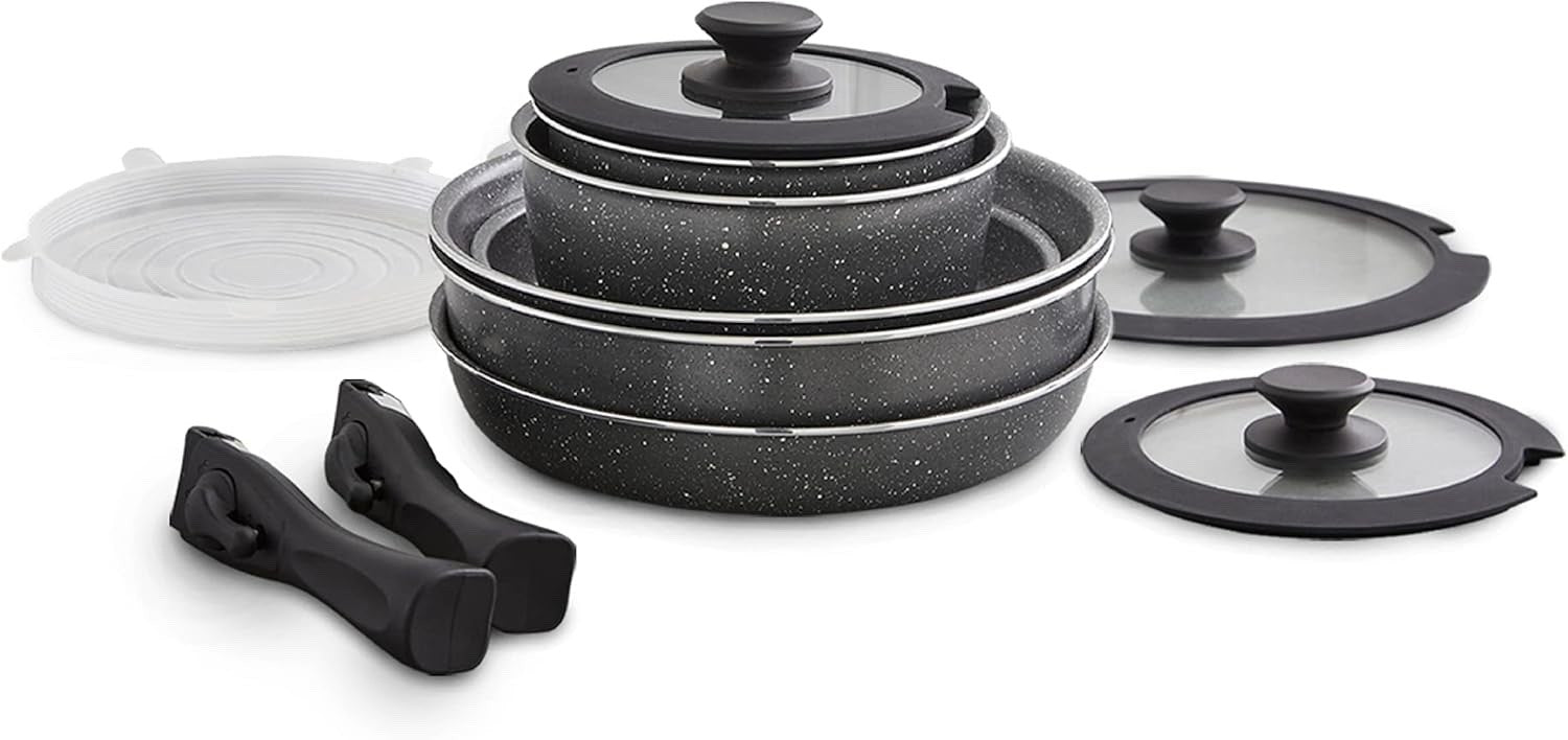 13pcs Graphite Non Stick Cookware Set  Stackable Pans with Detachable Handle