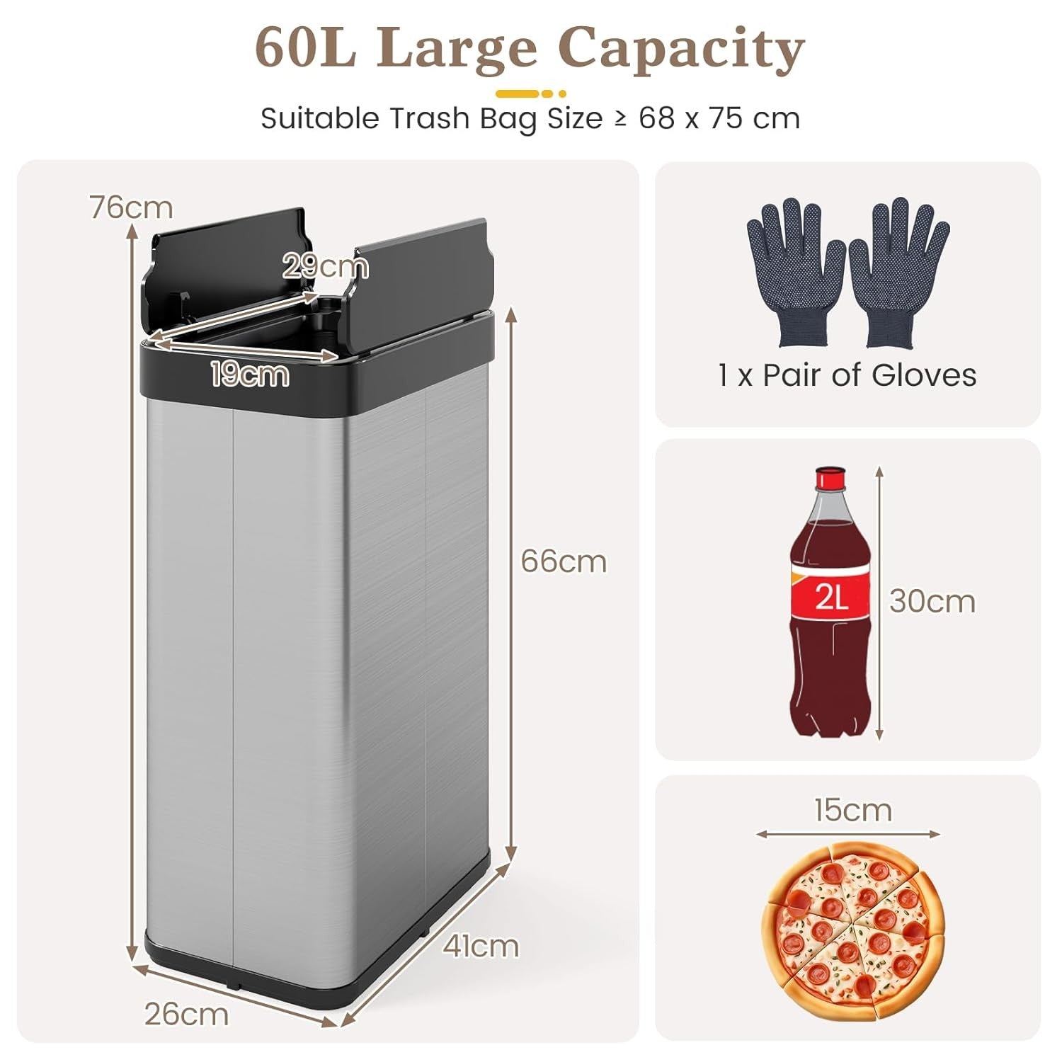 60L Sensor Kitchen Bin Touchless Stainless Steel Soft Close