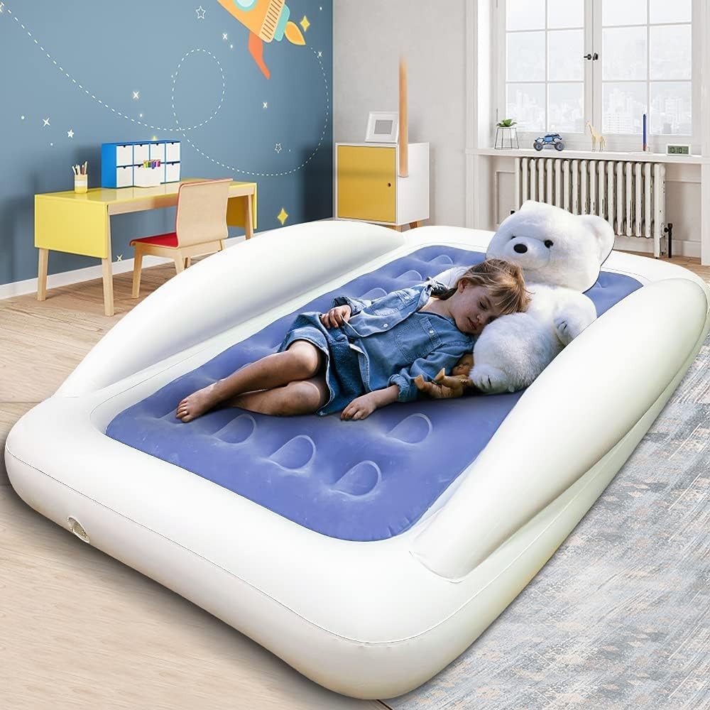Inflatable Kids Travel Bed with Rails & Electric Pump | Toddler Mattress