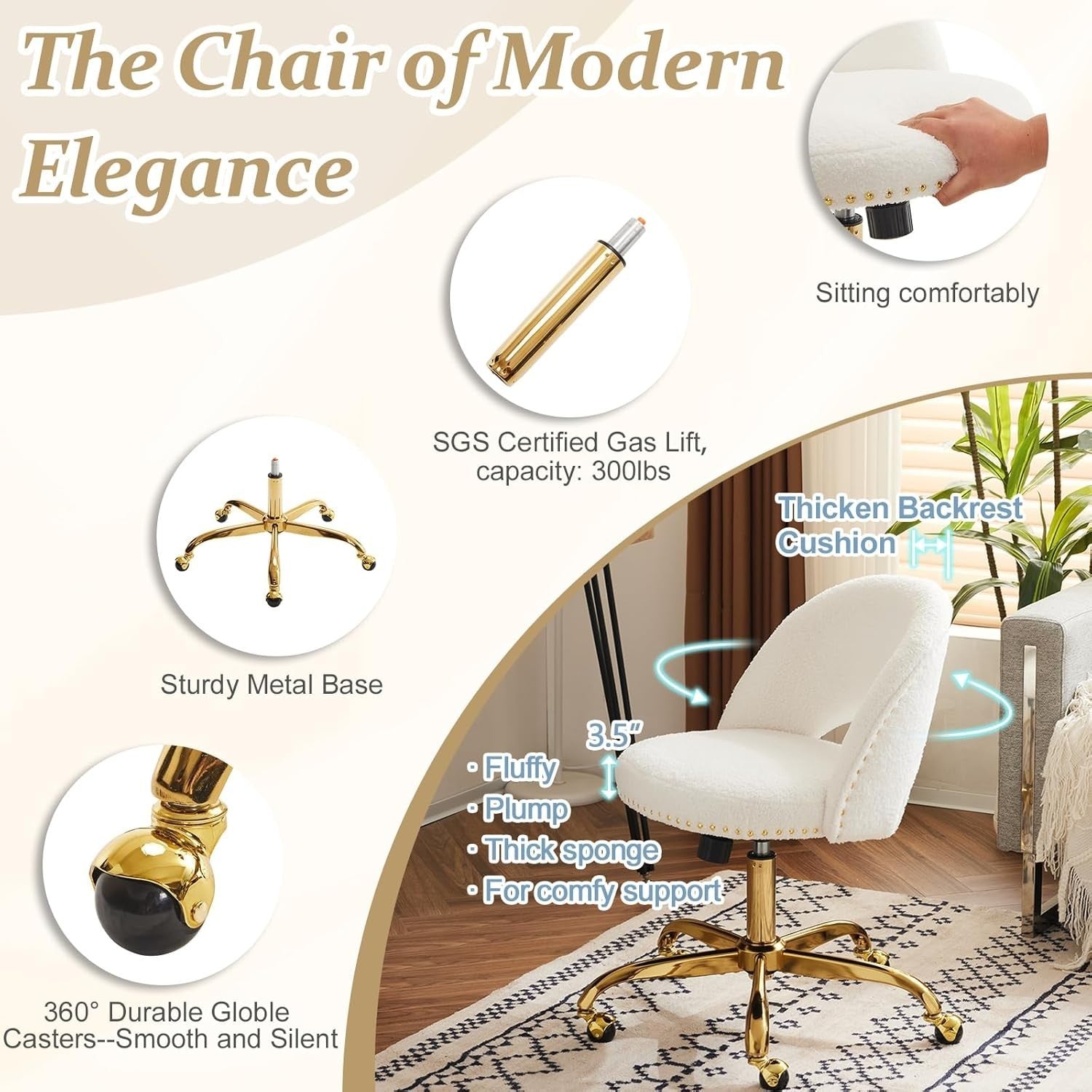 White Teddy Swivel Vanity Chair – Adjustable Height Desk Chair for Bedroom