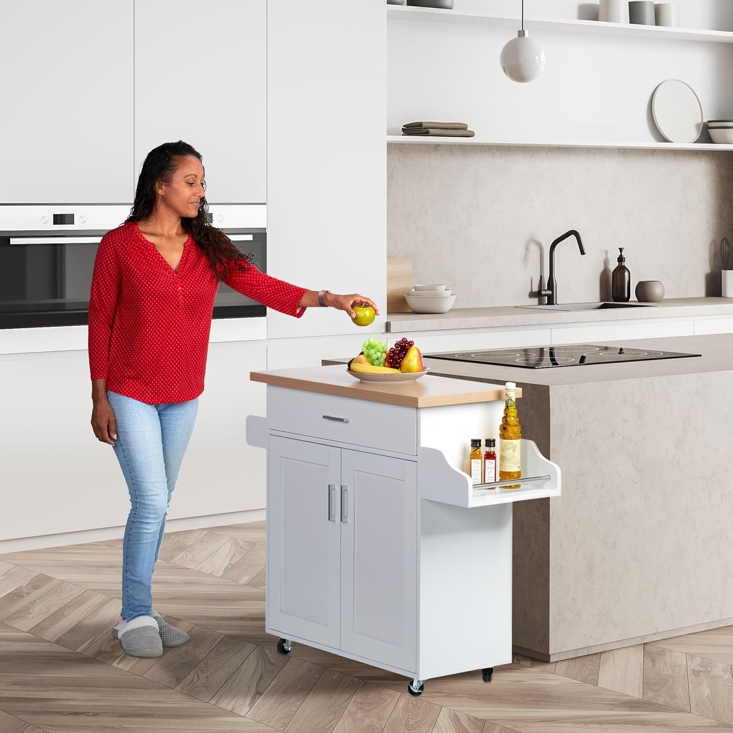 White Kitchen Trolley Cart with Drawer, Worktop & Storage – 114x39x90cm