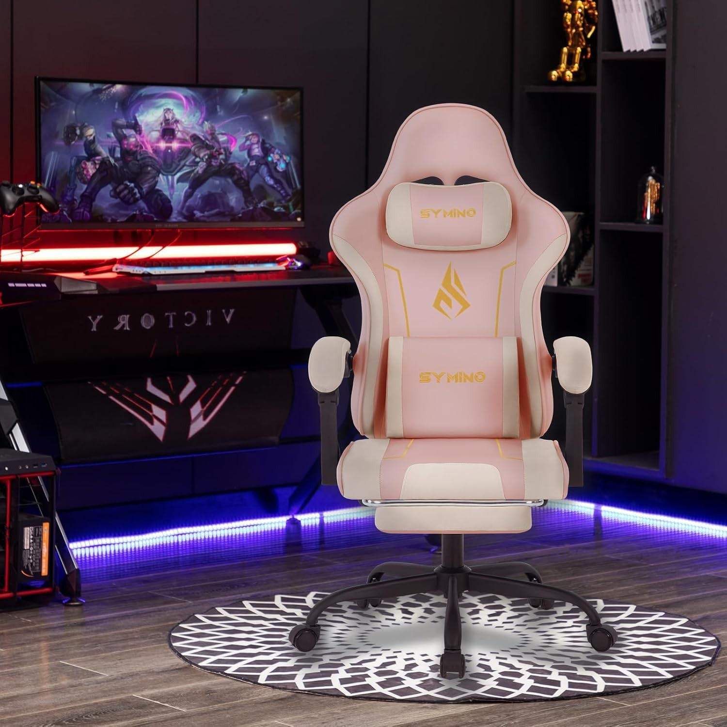 Ergonomic Gaming Chair Recliner w/ Footrest Lumbar PU Leather Pink