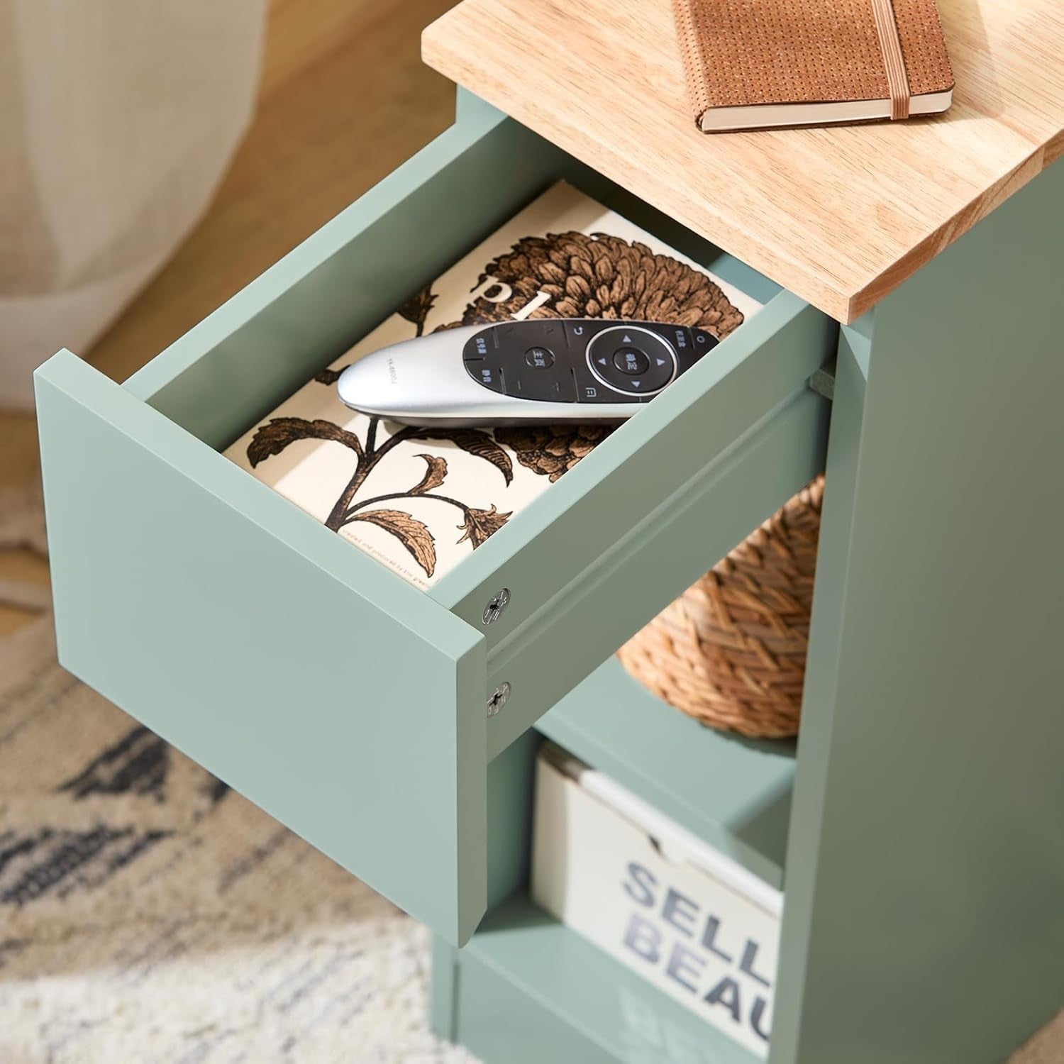 Slim Green Bedside Table with Drawer & 2 Shelves | Modern Narrow Nightstand