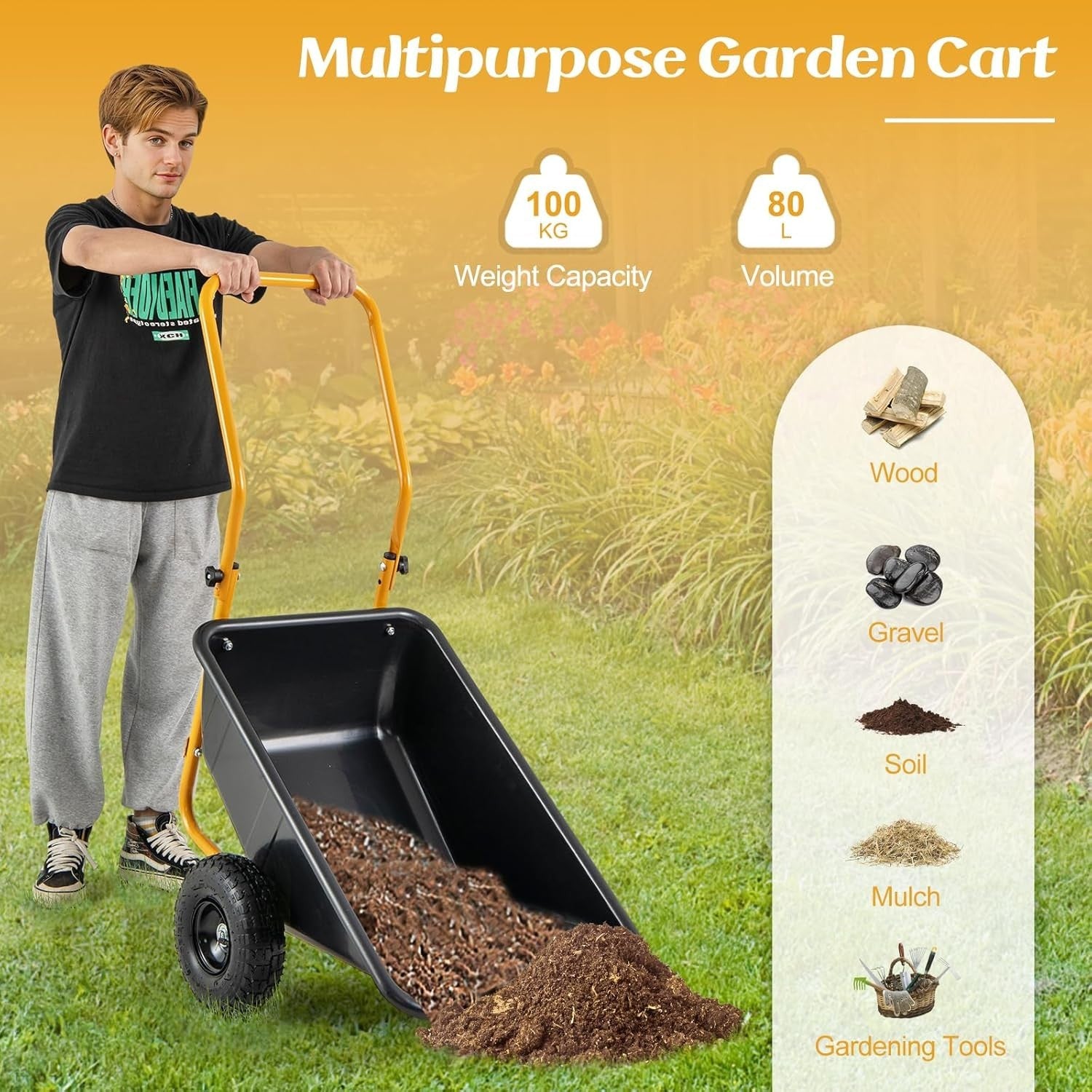 80L 2-Wheel Garden Wheelbarrow Black – Foldable Handle w/ Pneumatic Tyres 100kg