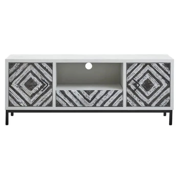 Boho TV Unit White Black Frame Media Console with Geometric Pattern Doors