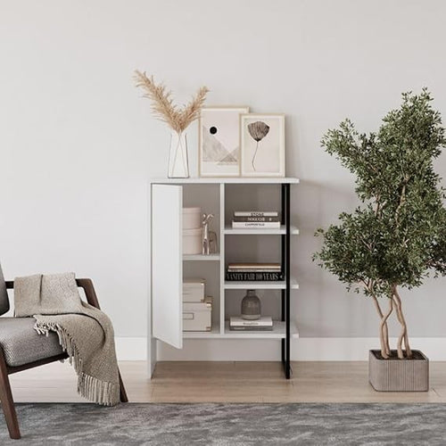 Modern 60cm Wood Steel Cabinet Bookcase Unit with Shelves & Door Storage – White