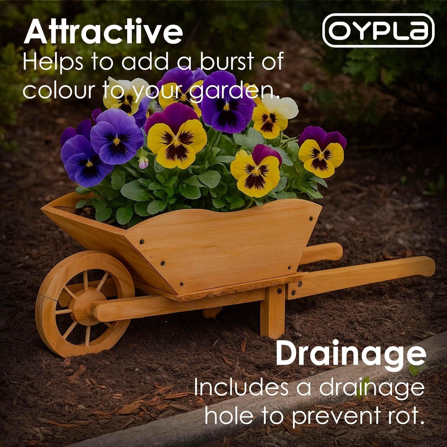 20L Wooden Wheelbarrow Planter – Brown Wood Garden Flower Pot w/ Drainage Hole