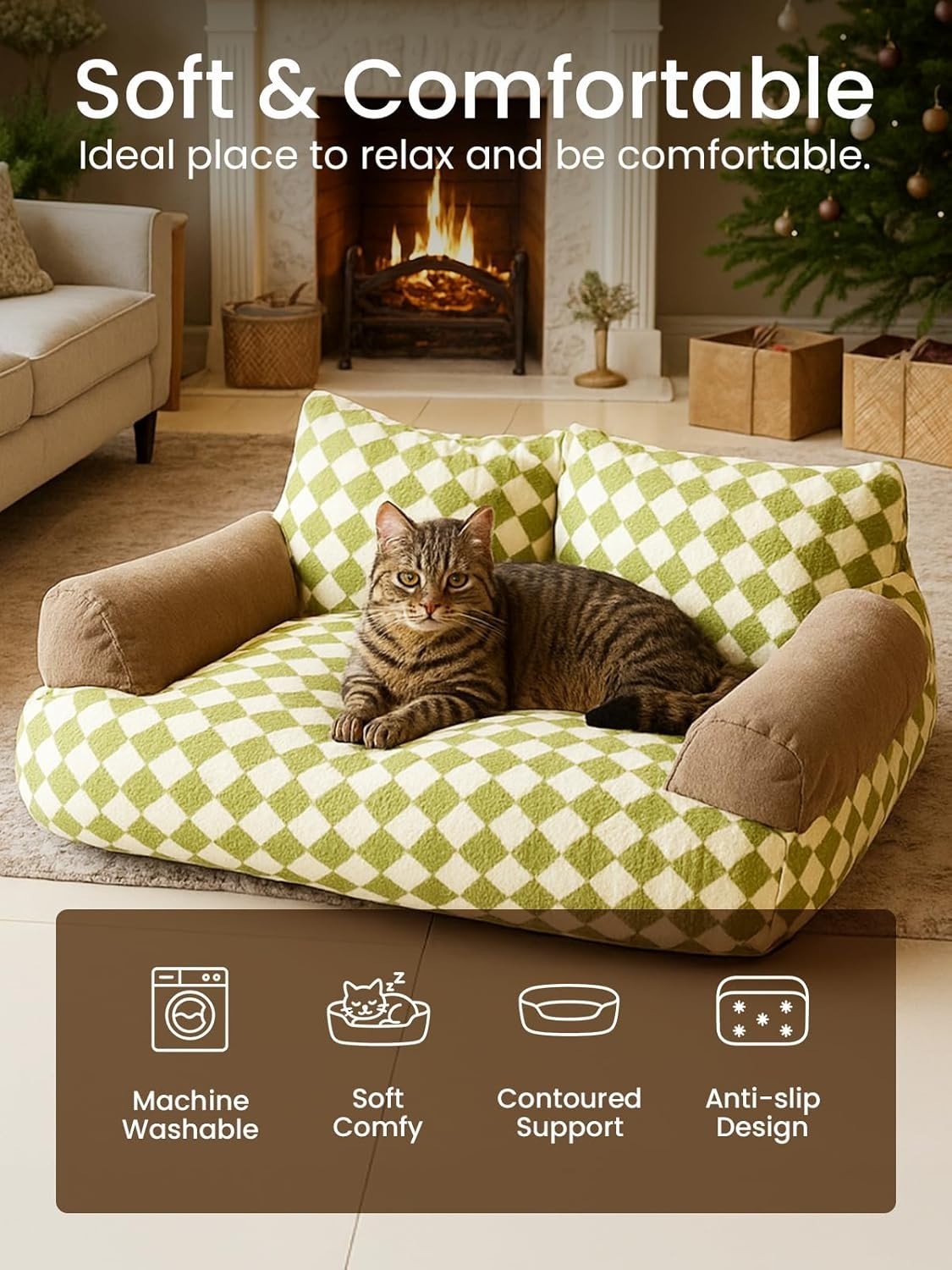 Fluffy Cat Sofa Bed Plush Pet Couch Removable Washable Cover Green